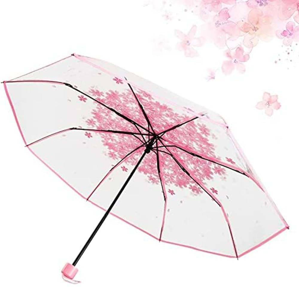JOBEDE Three Fold Umbrella Women Transparent Clear Cherry One Size, Pink