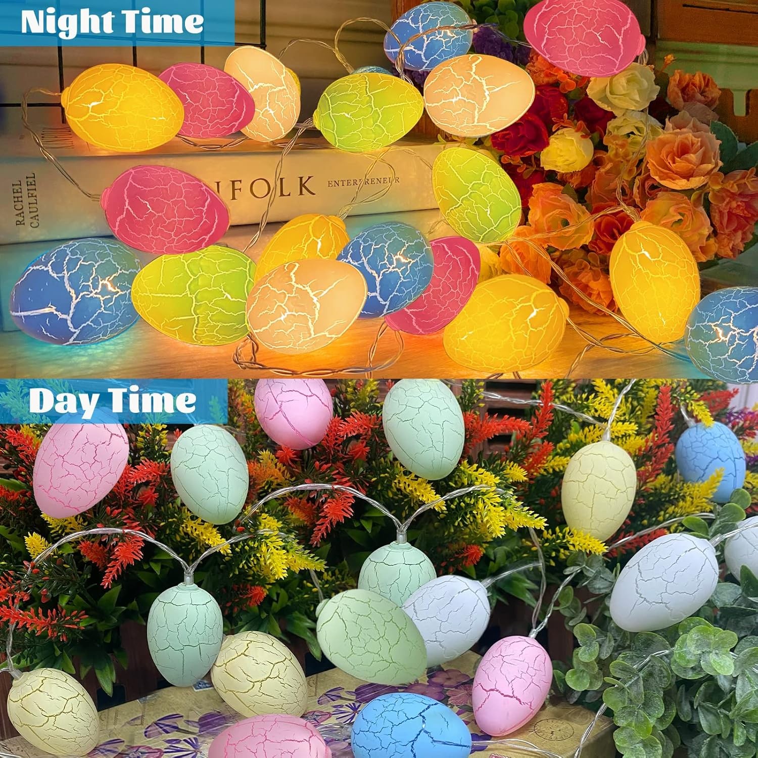 2 Pack Easter Lights String Easter Decorations, Total10 Ft 20 LED 3D Jumbo Crack