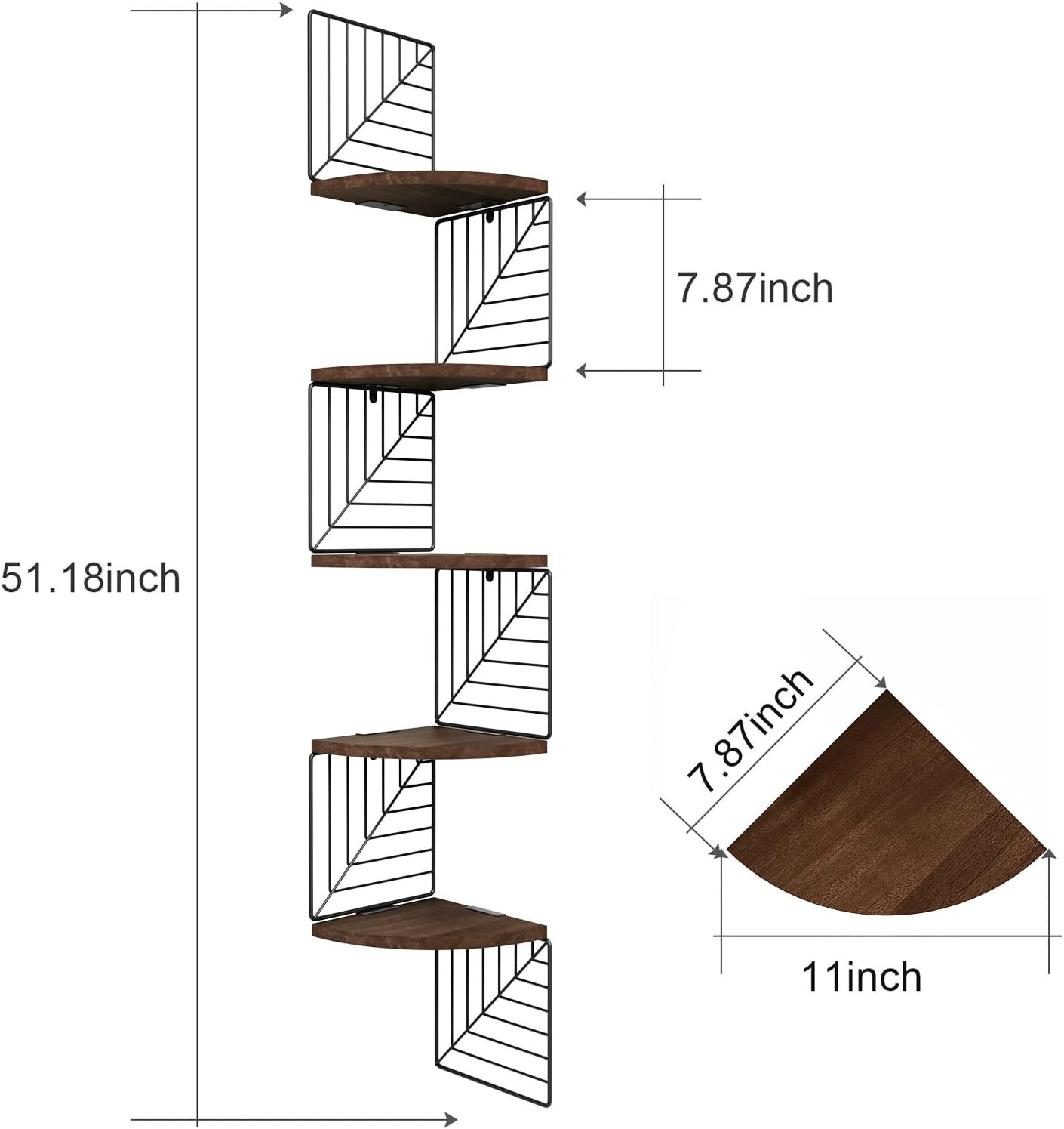 Durable 5-Tier Wall-Mounted Corner Shelf - Rustic Dark Walnut for Modern Spaces