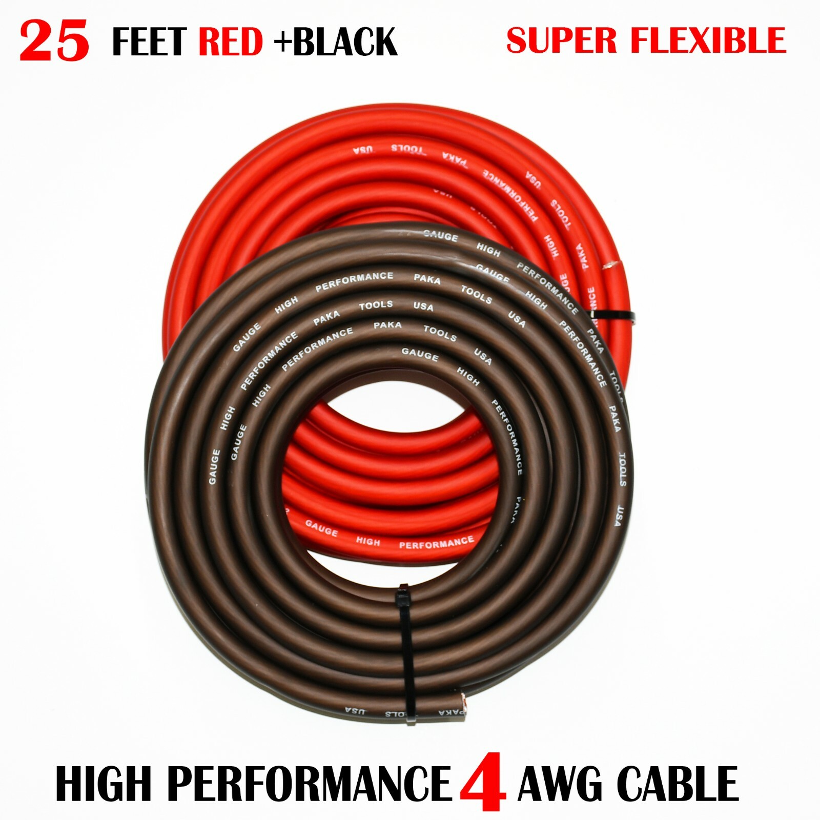 4 Gauge Wire BLACK/RED , Amplifier Power/Ground  Amp Wire 25 Feet Cable Roll