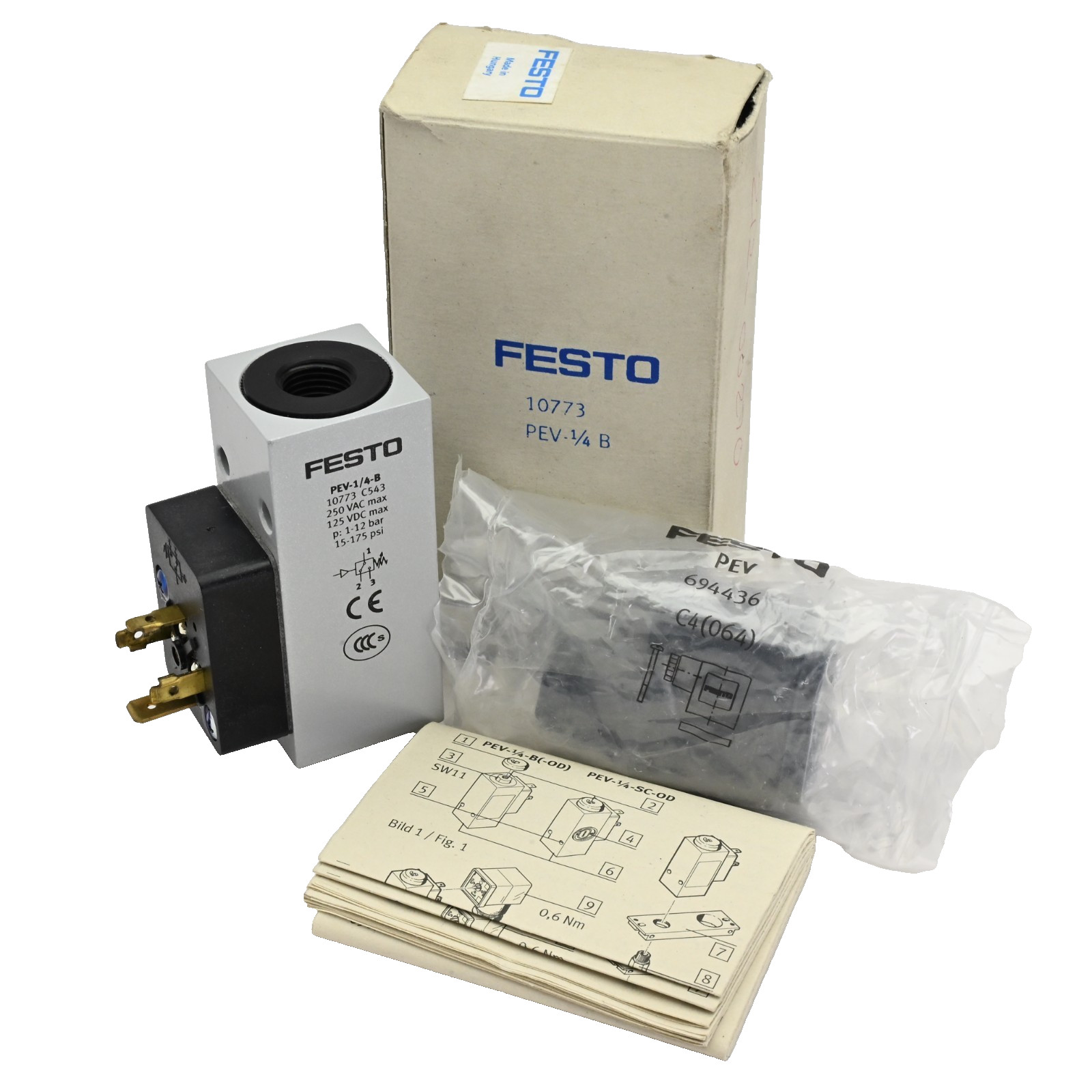 Festo PEV-1/4-B Pressure Switch 10773, 250VAC/125VDC Max, 1-12bar/15-175psi