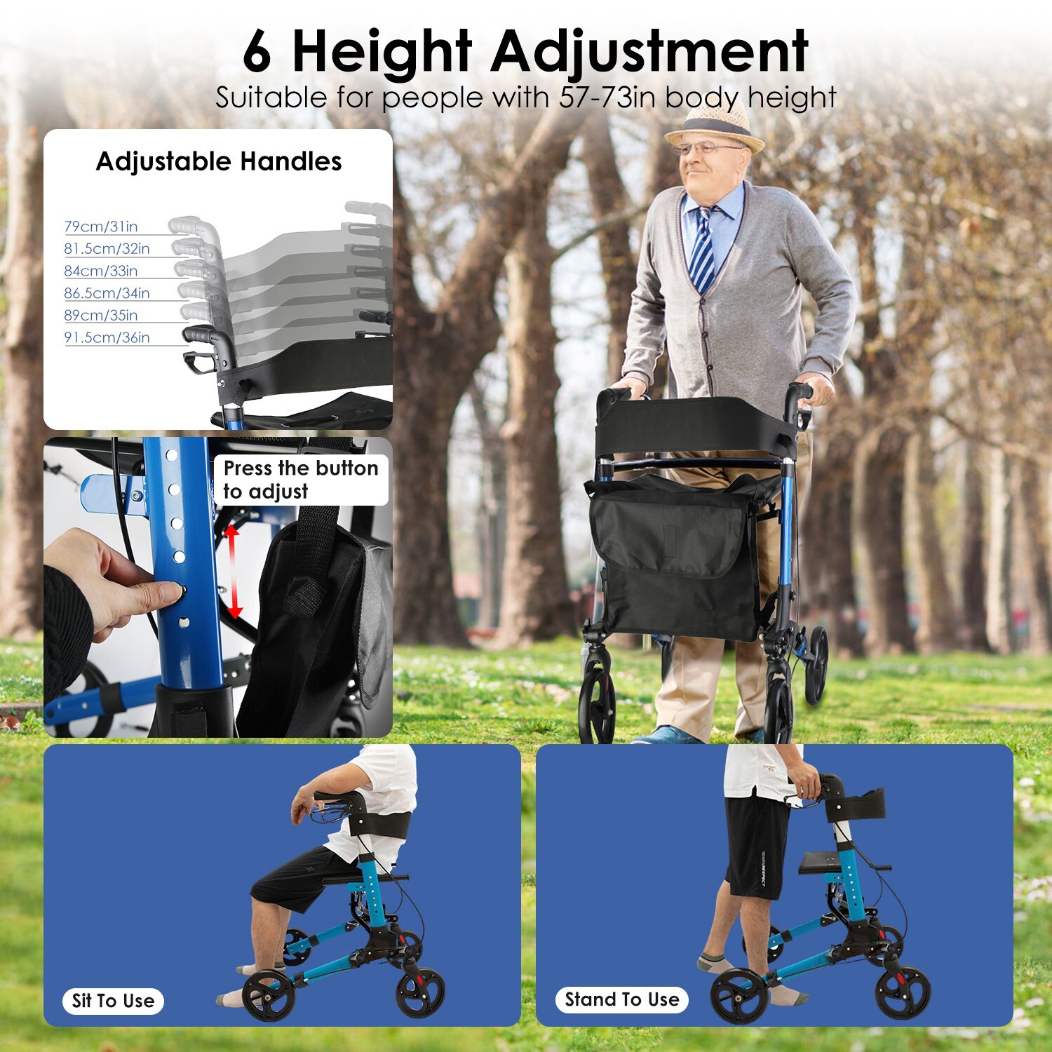 Aluminum Rollator Walker & Seat Backrest Rolling Walker Adjustable Height Walker