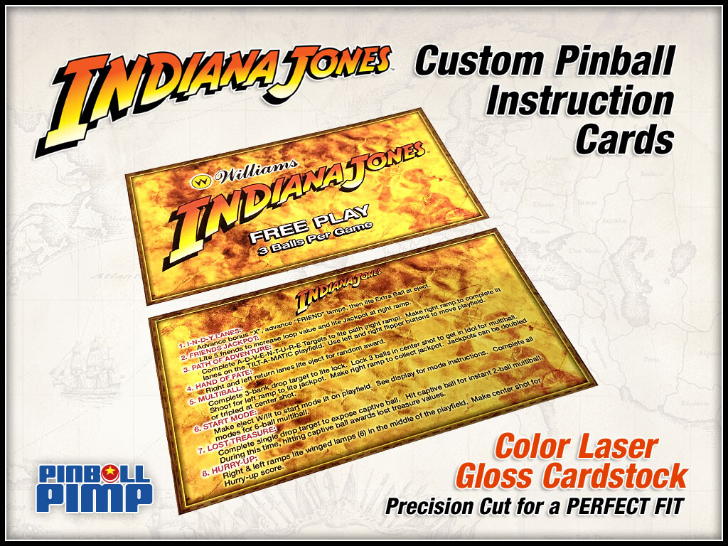 Williams INDIANA JONES Pinball Instruction Cards - Custom Designed