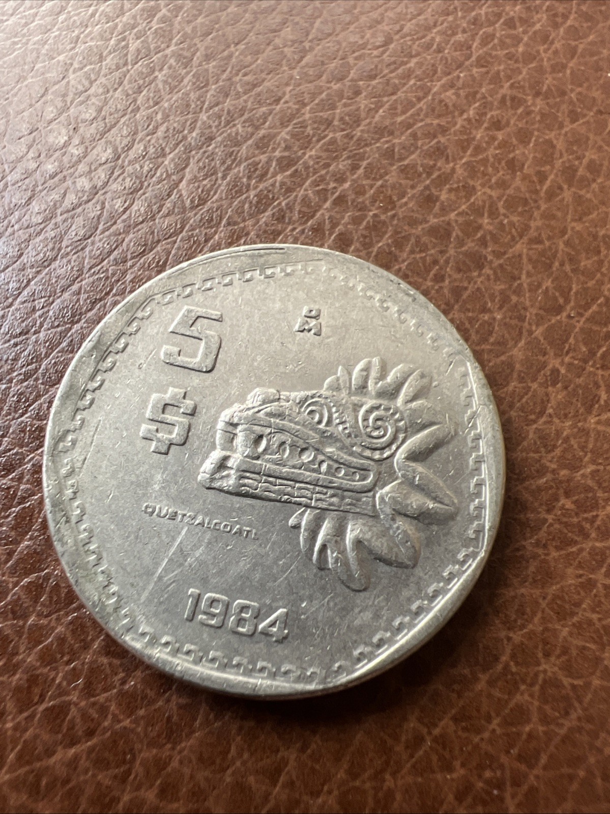 1984 Mexico 5 Pesos Mexican Quetzalcoatl Coin - Mexico Cinco Pesos Coin
