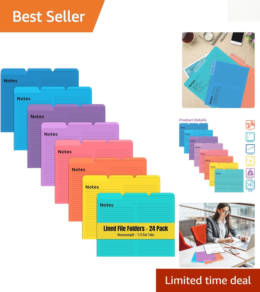Lined Tabbed File Folders - 24 Pack with Vibrant Colors for Home & Office