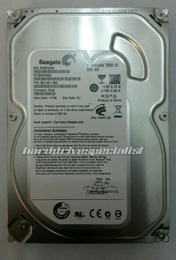 Seagate ST3500418AS 500GB SATA Drive P/N:9SL142-568 F/W:CC46 Site:SU Date:11136
