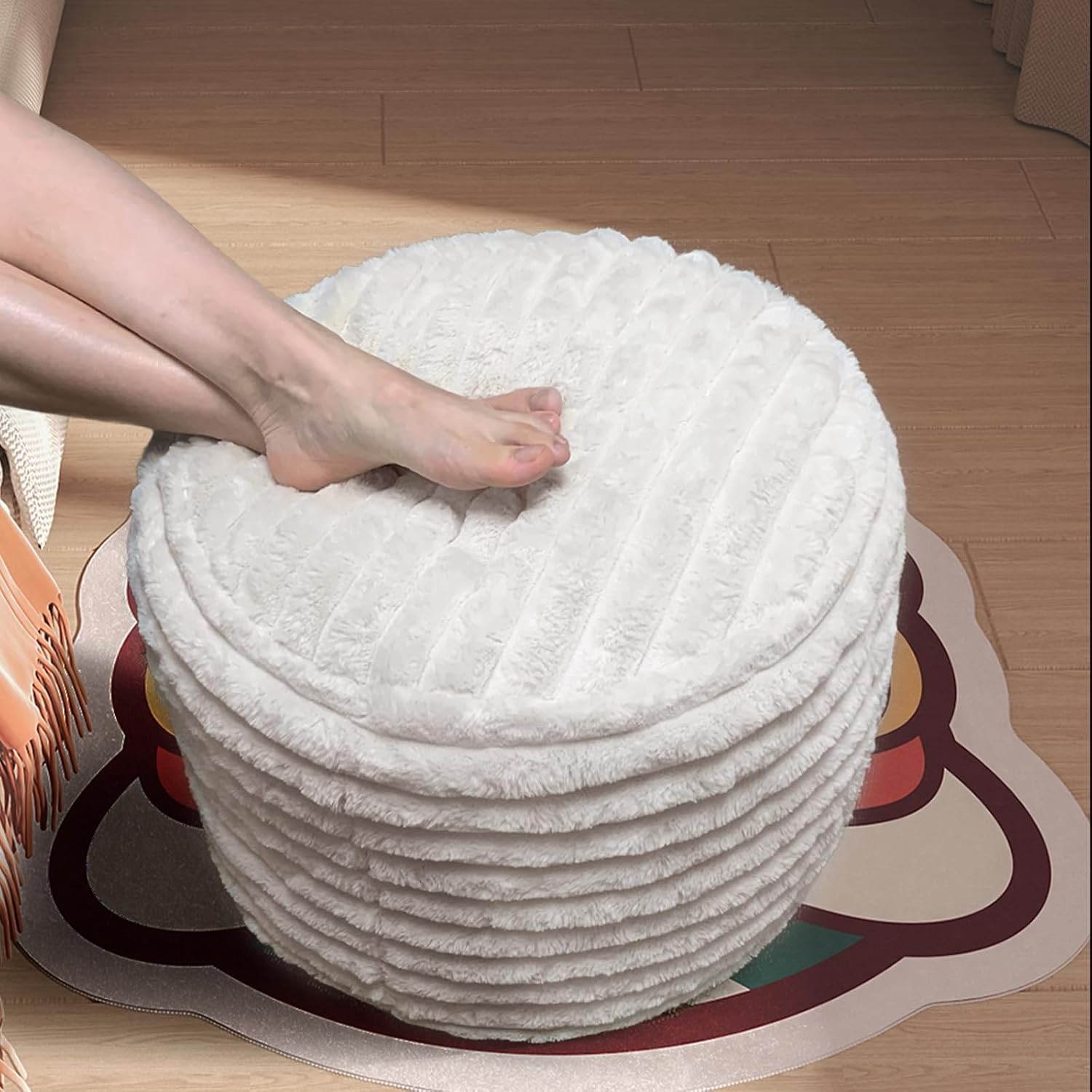 Pouf Ottoman Stuffed Round Foot Rest Faux Fur Poufs W/ Foam Chunk Filling