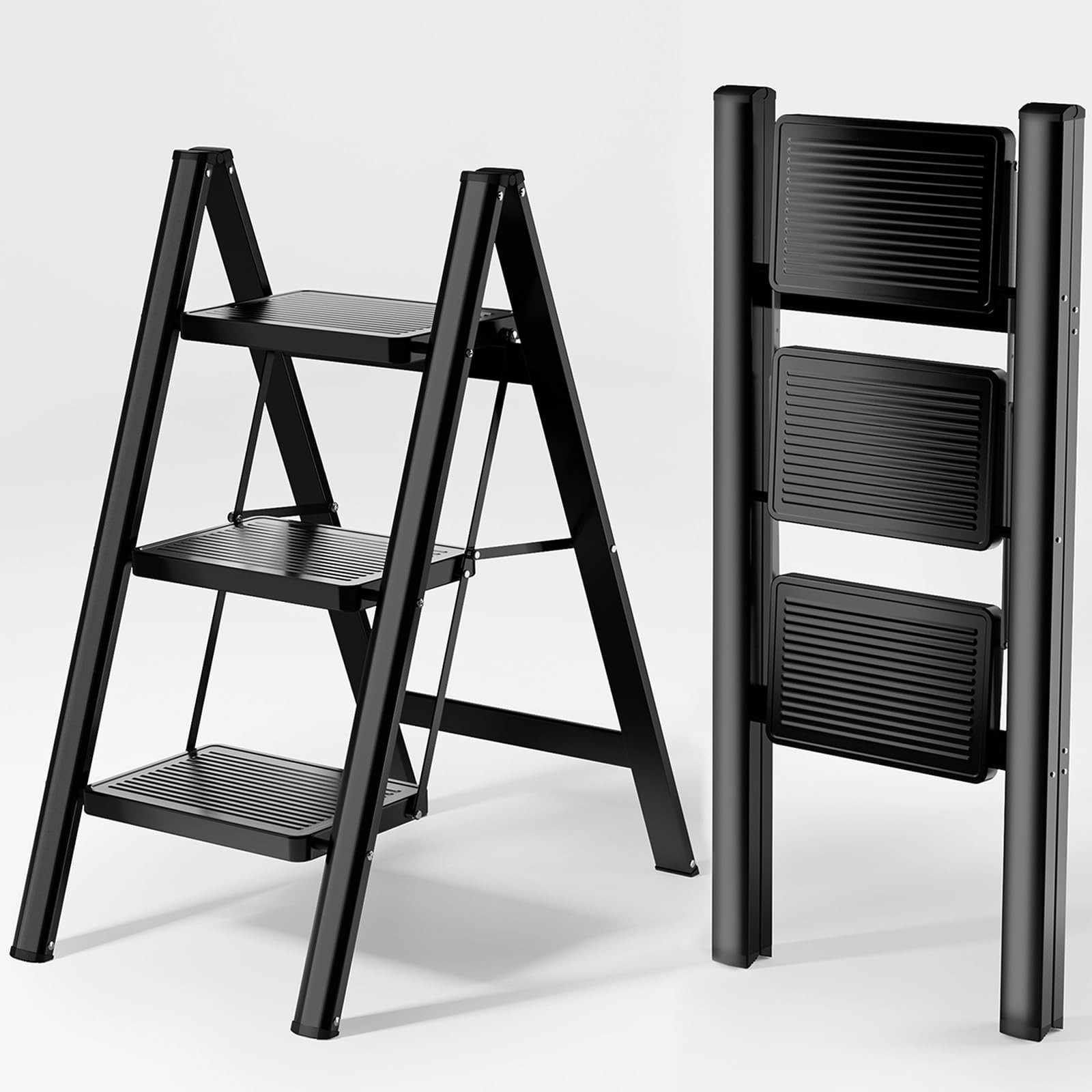 KOLL LINK Step Ladder 3 Folding, Sturdy 330 Lbs 3 step ladder, Black