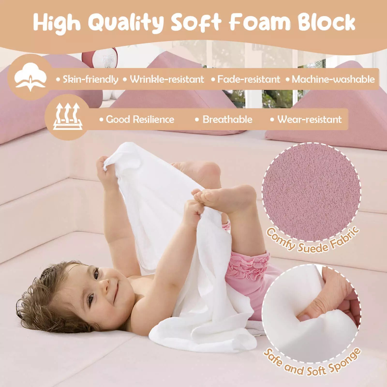 Kids Modular Play Couch, Convertible Foam Couch Play Set with Suede Fabric Cover