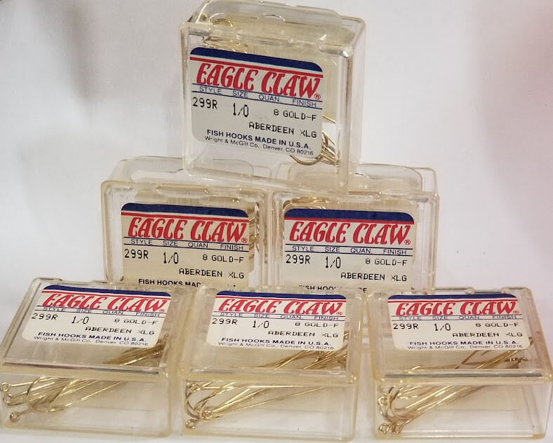 1/0 Gold Aberdeen Hooks Eagle Claw Fishing Tackle Hook 8 Count box You Choose