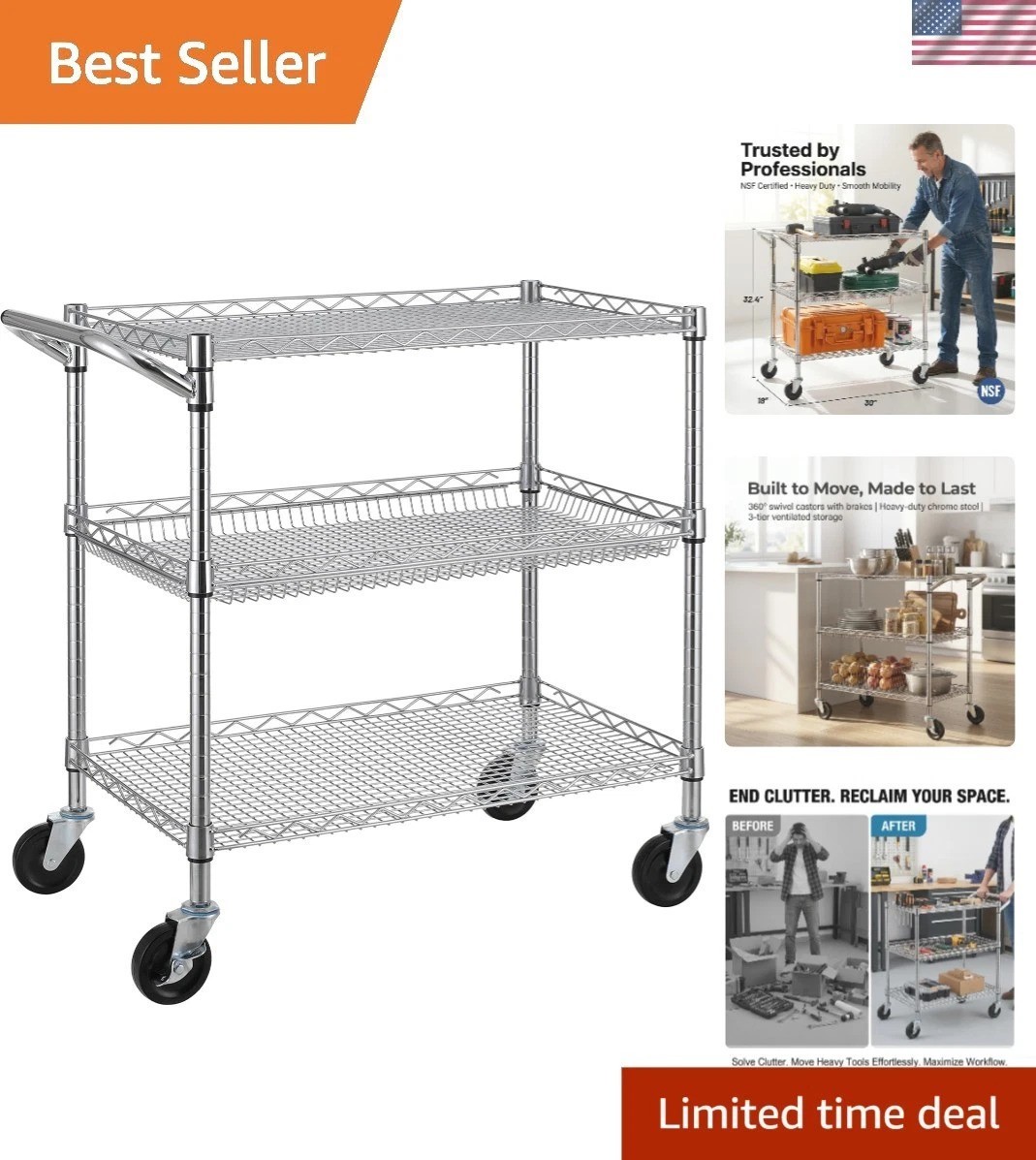 Durable 3 Tier Utility Cart with Push Handle - Ideal for Kitchen & Warehouse Use