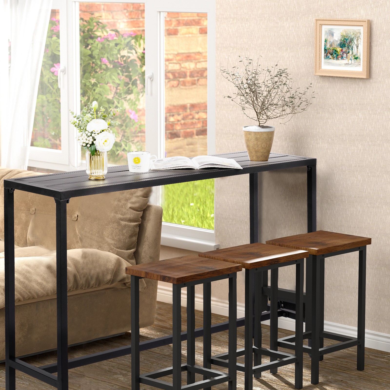 55" Outdoor Bar Table w/ Adjustable Feet, Rectangle Narrow Counter Height Table