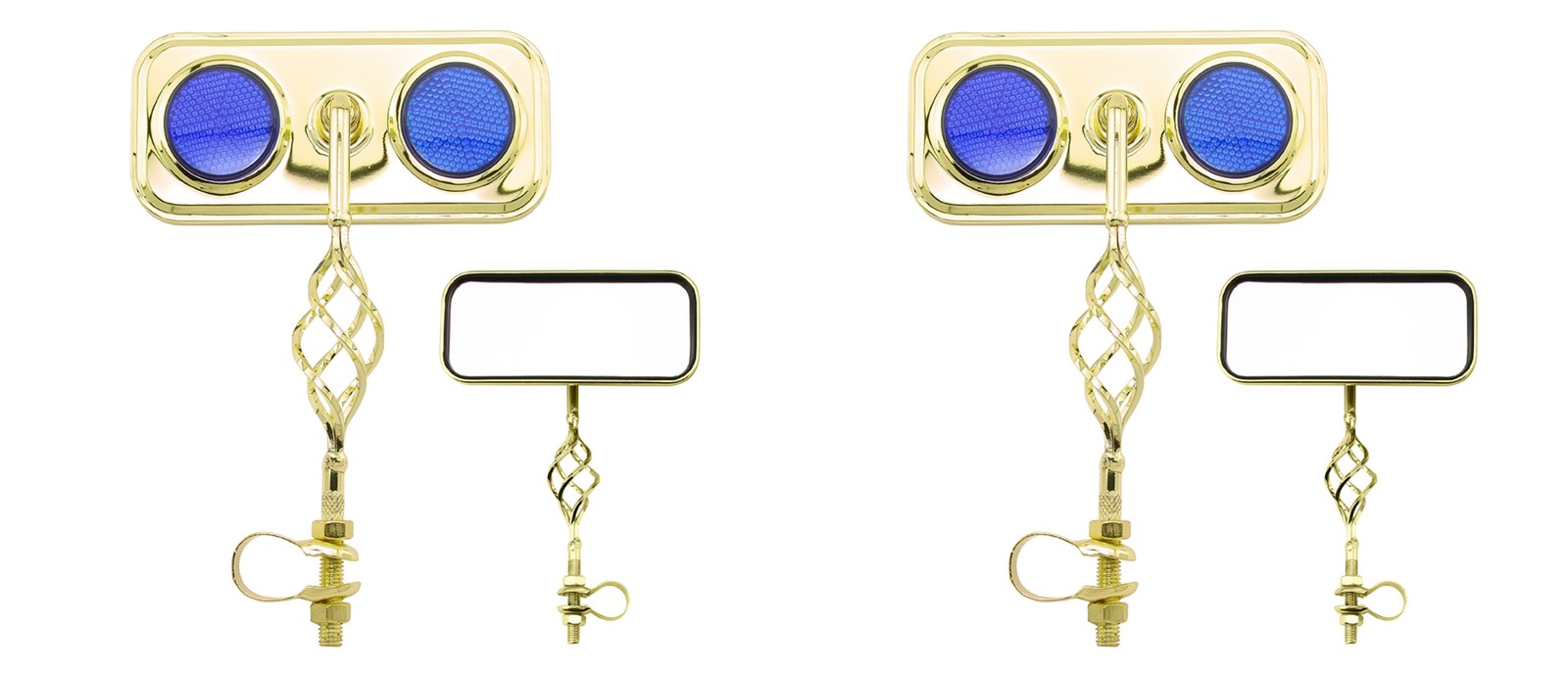 Bike Two Rectangle Cage Mirror Gold Blue Reflectors.
