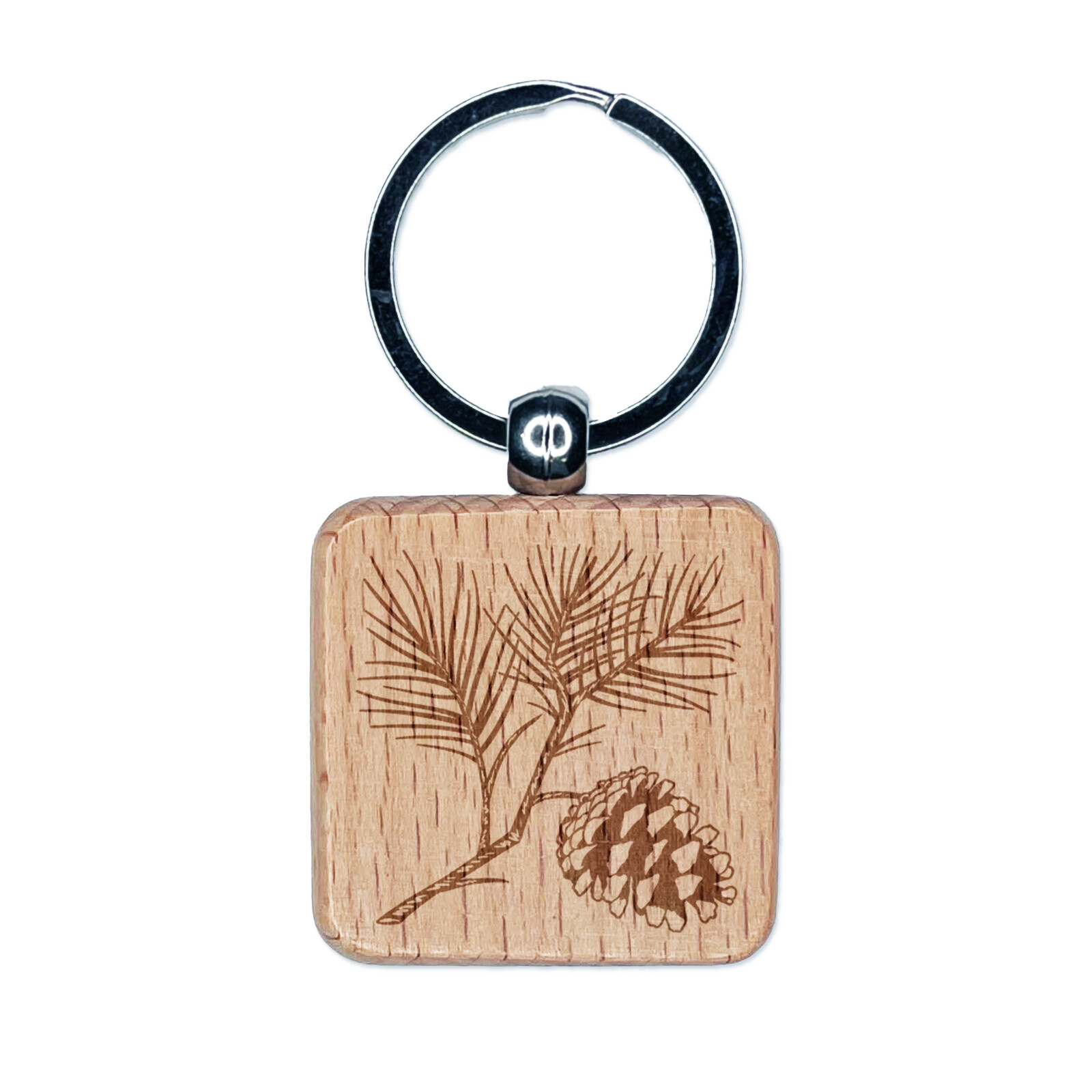 Pine Tree Branch with Pinecone Cone Winter Engraved Wood Square Keychain