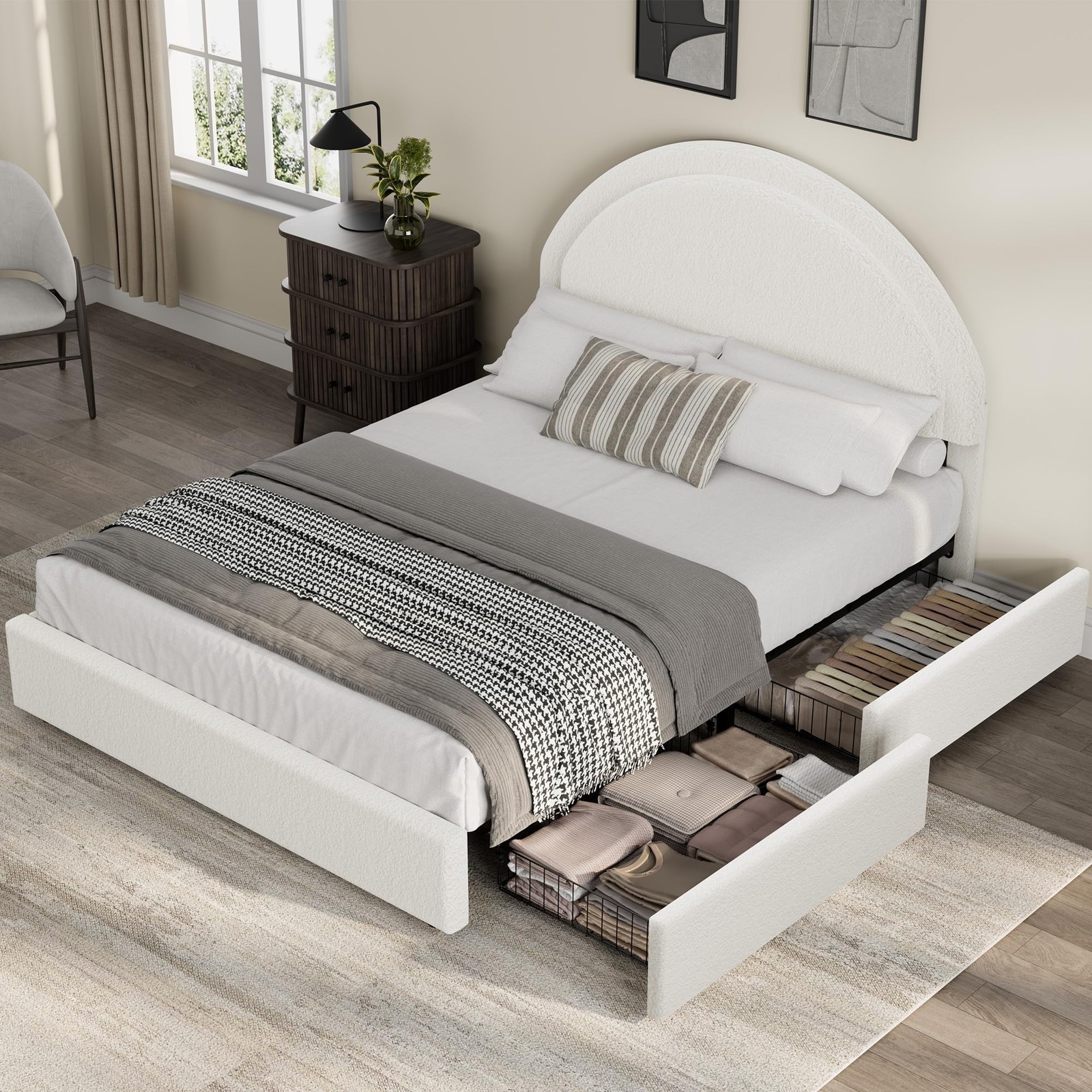Queen Bed Frame, Headboard Boucle Upholstered Platform Bed Frame with 2 Drawers