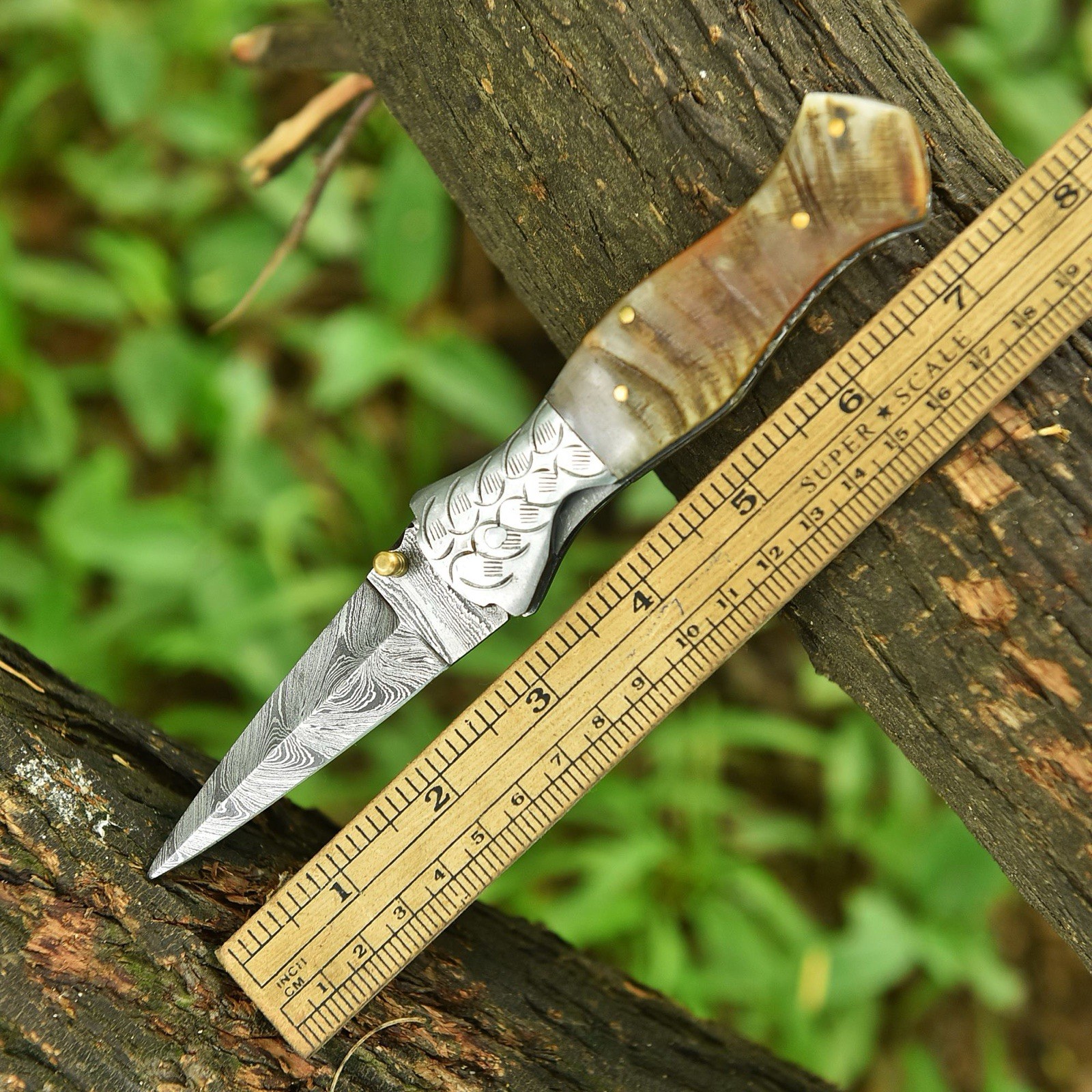 Damascus Folding Dagger Blade Pocket Knife Tactical-Double Edge