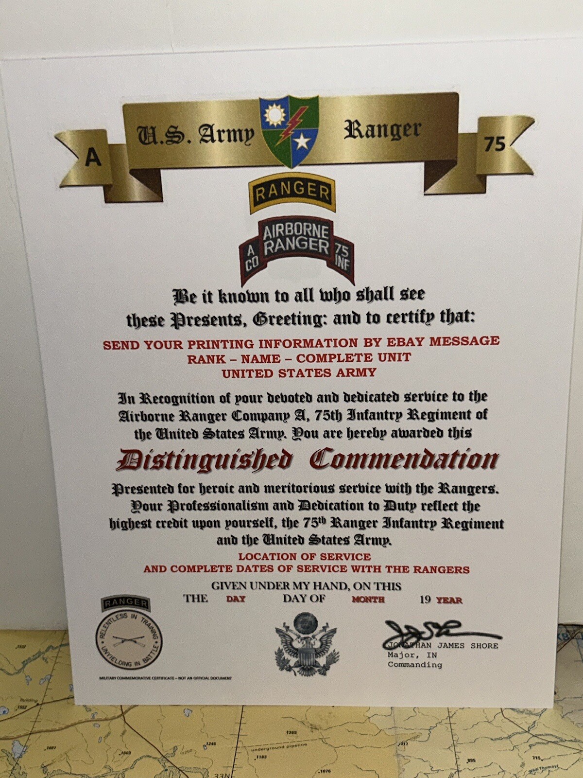 U.S. ARMY - A CO. 75TH RANGER INFANTRY / DISTINGUISHED COMMENDATION CERTIFICATE