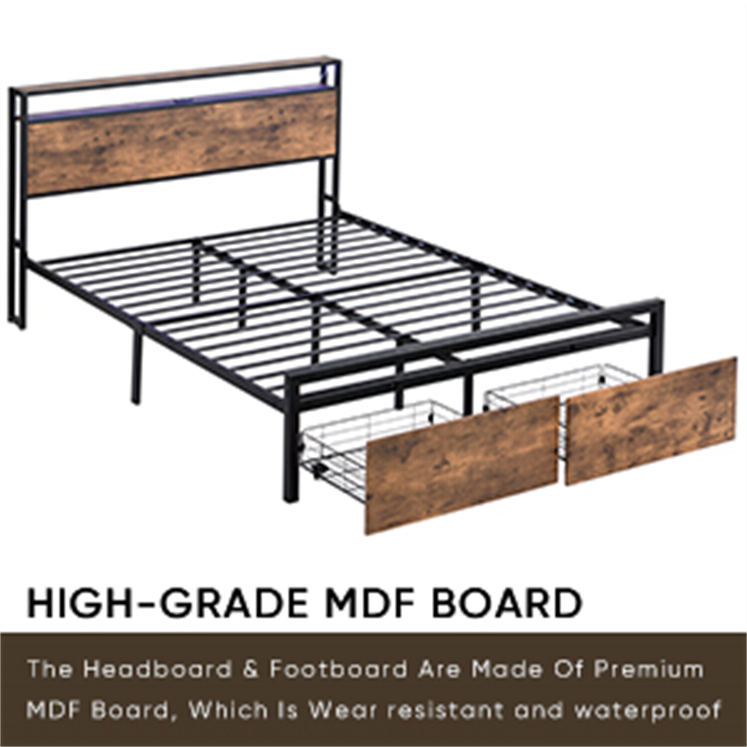 Full Size LED Bed Frame w/ Storage Headboard & 2 Drawers Metal Platform Bed
