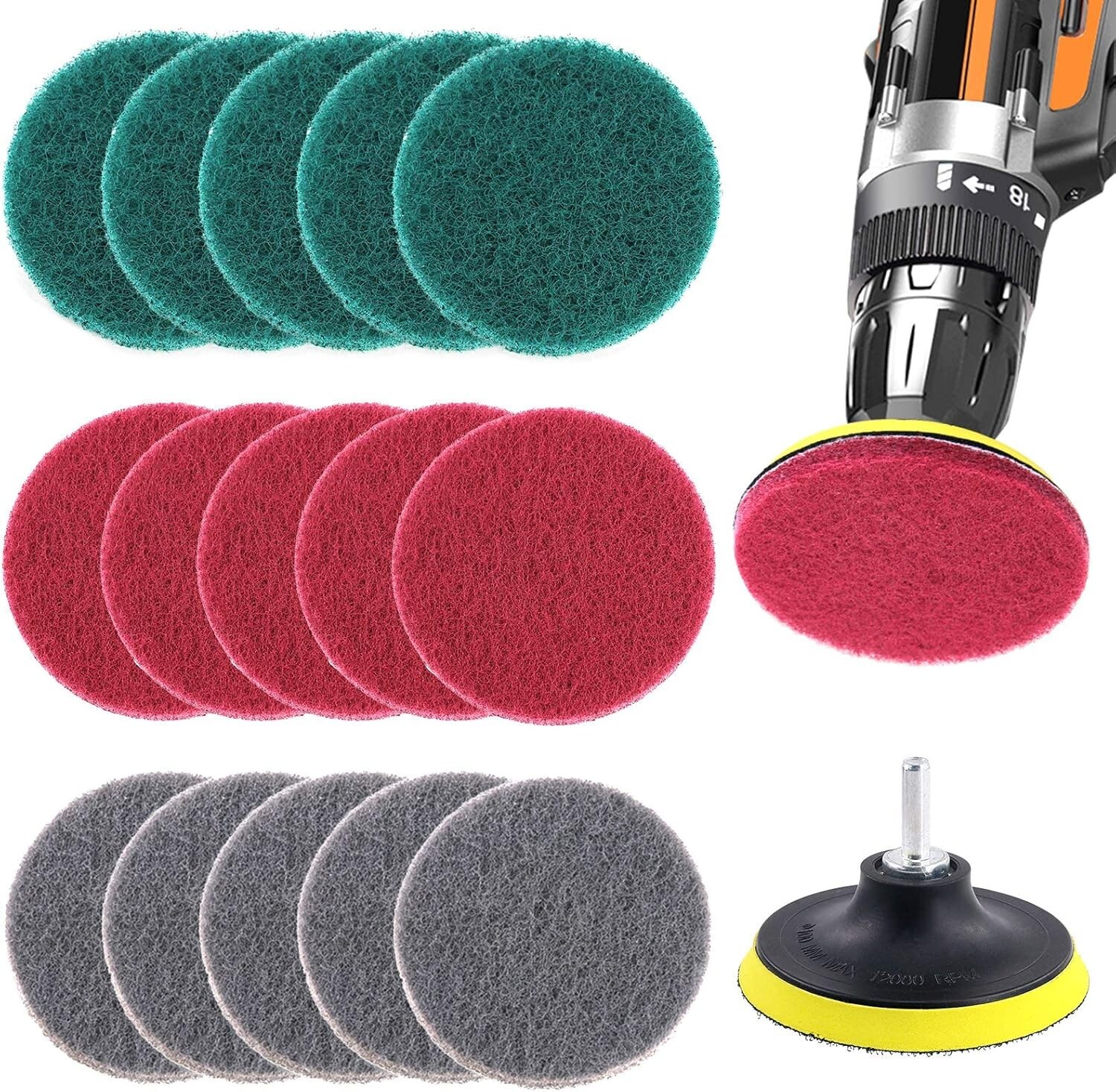 16 Pc Drill Scour Attachment Set 4" Red/Green/Gray Power Tile Scrubber Universal
