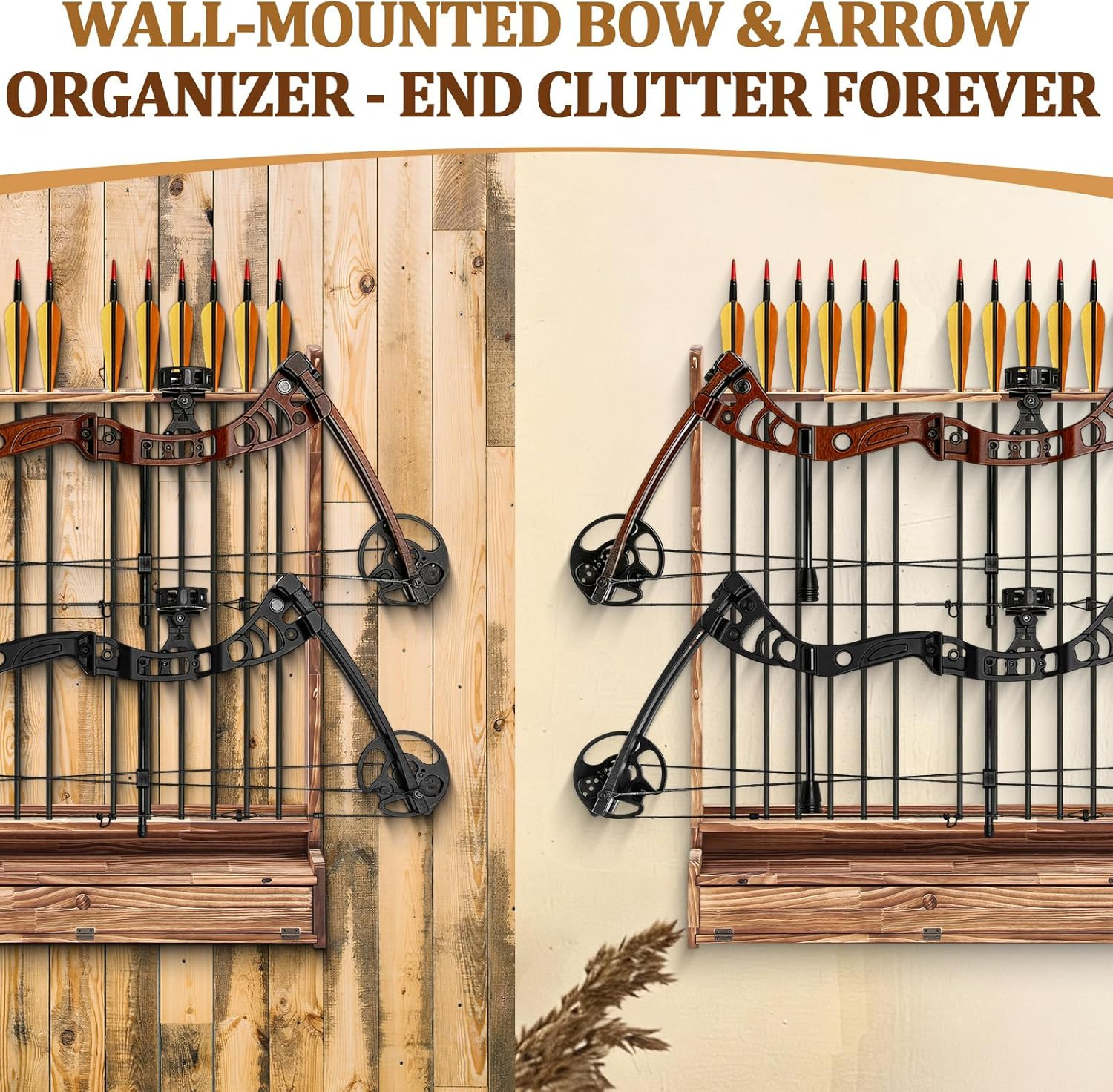 2 Bow and 12 Arrow Wall Mounted Display Rack Compound Solid Wood Arrow Holder, R