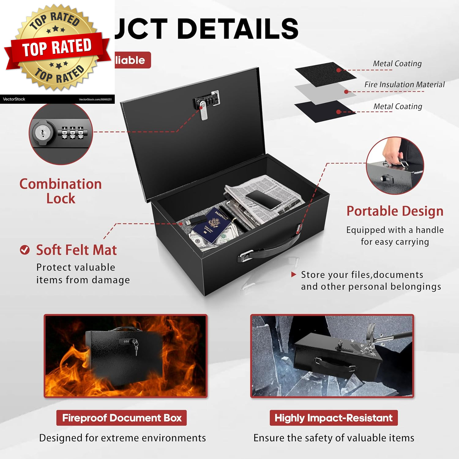 Fireproof Lock Box with Key and Combination Lock, Fire Safe Document Box, Portab