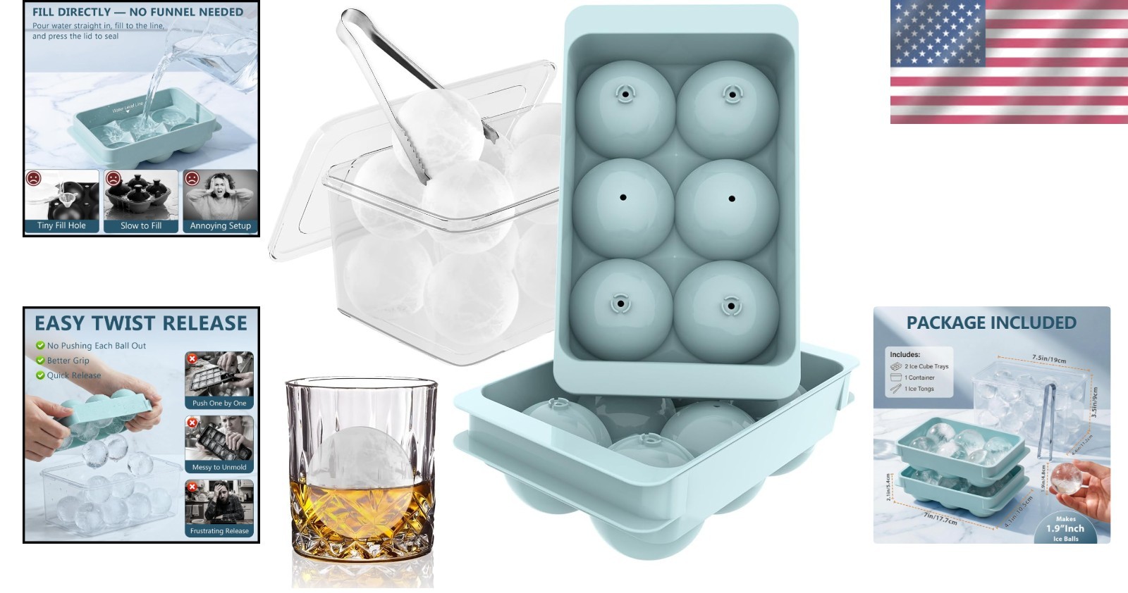 1.9" Round Ice Cube Mold Set - Effortless Easy Fill & Twist Release