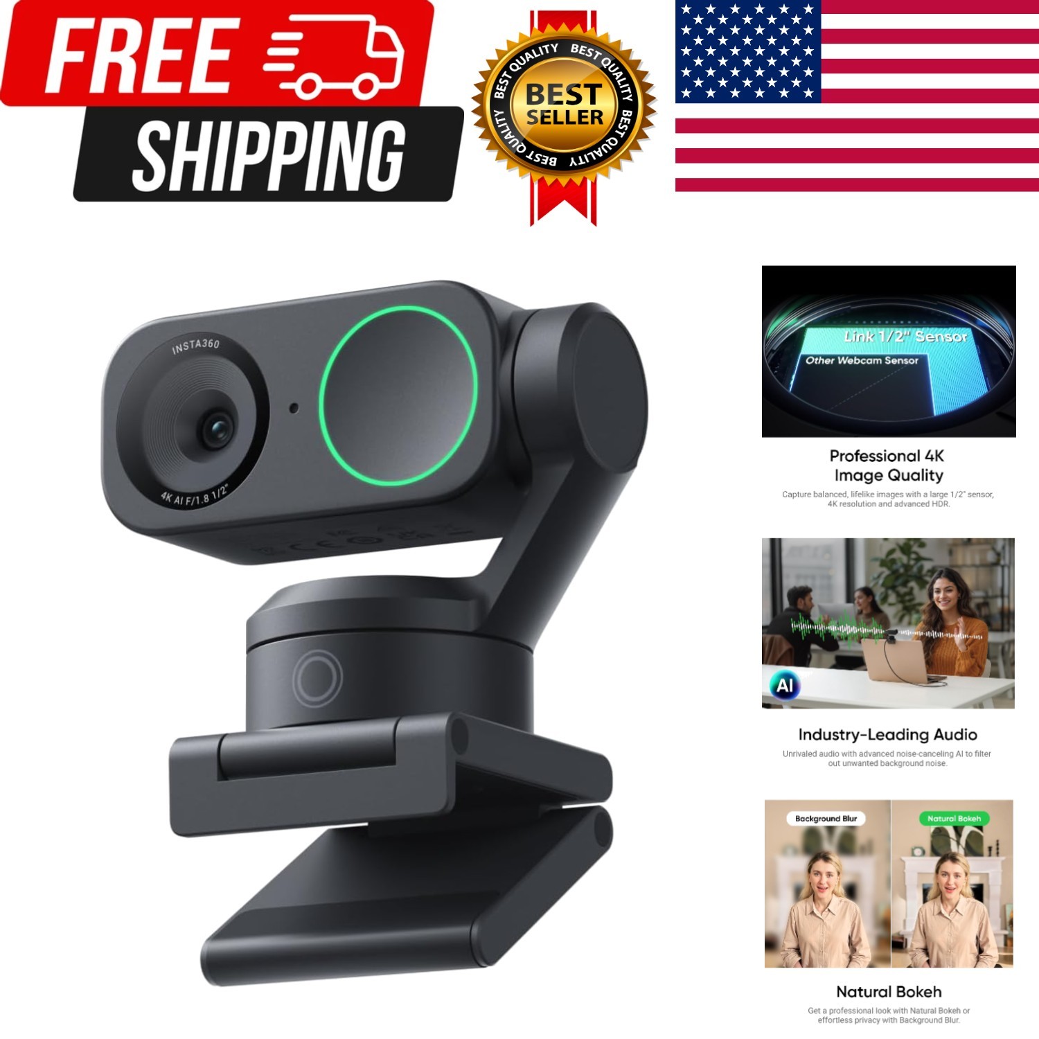 Link 2 - PTZ 4K Webcam for PC/Mac, 1/2" Sensor, AI Tracking, HDR, AI Noise-Ca...