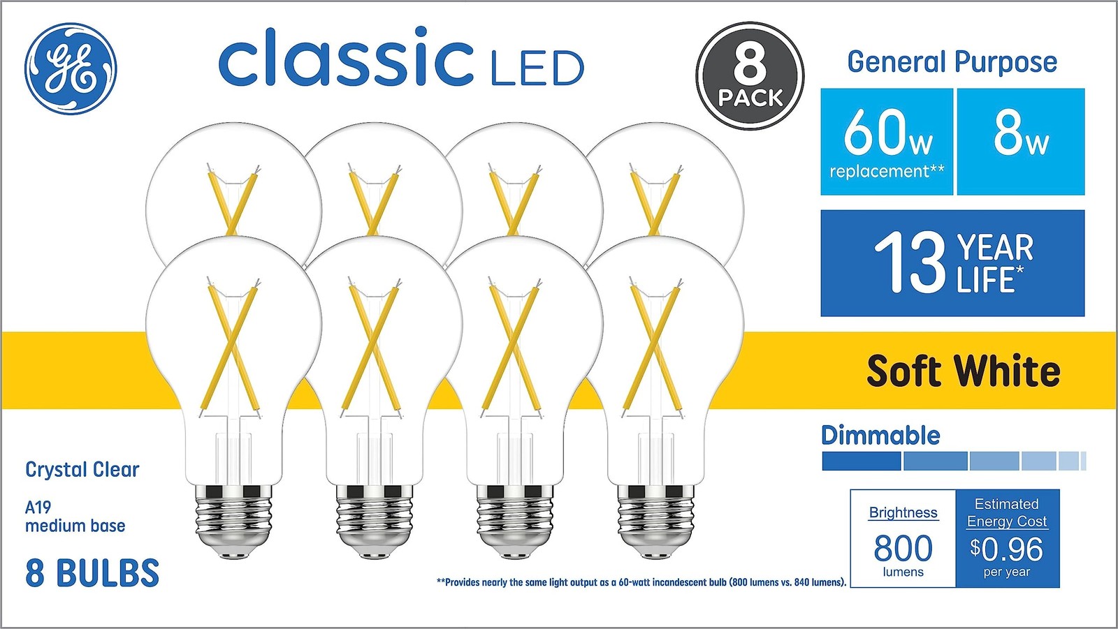 LED Light Bulb A19 60W EQ Dimmable Soft White 8 Pack GE Watt Classic Crystal