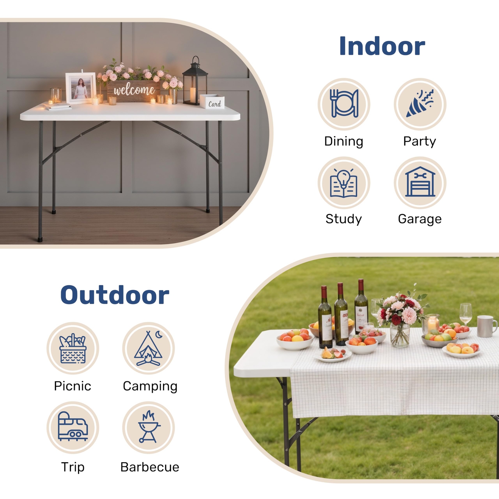 4ft Folding Table Portable with Handle for Camping Picnic Party Indoor & Outdoor