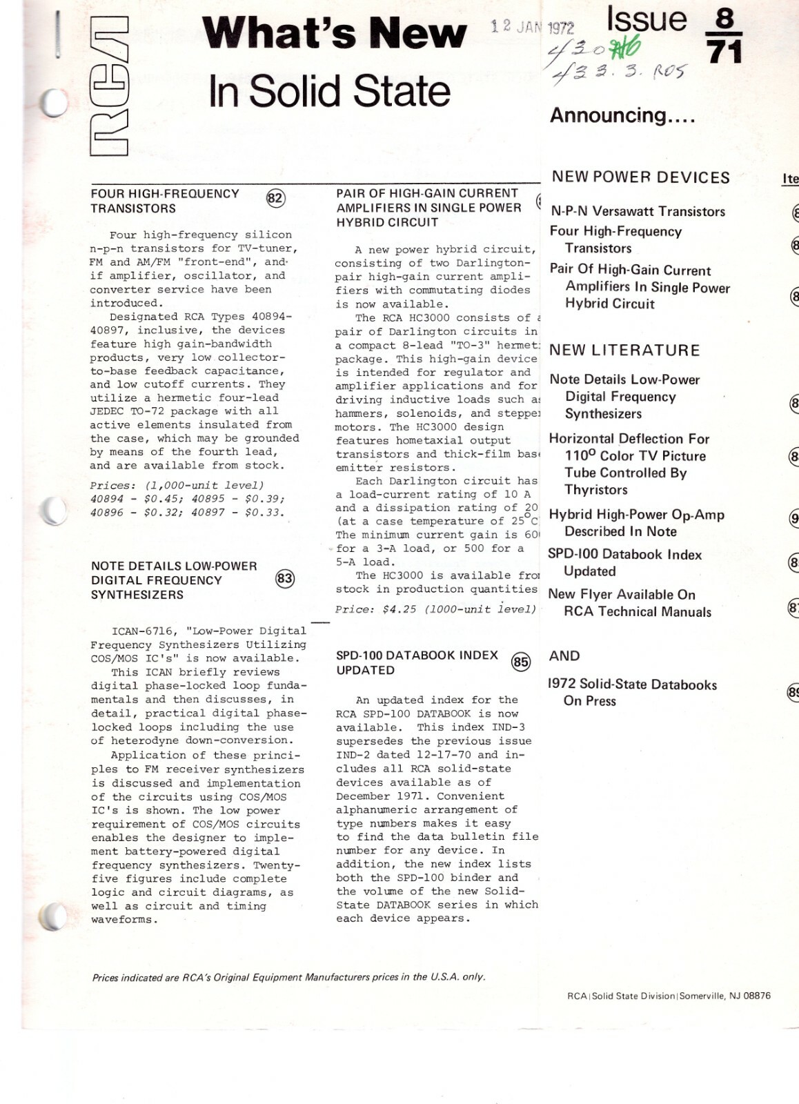 RCA What's New In Solid State Issue 8 1971