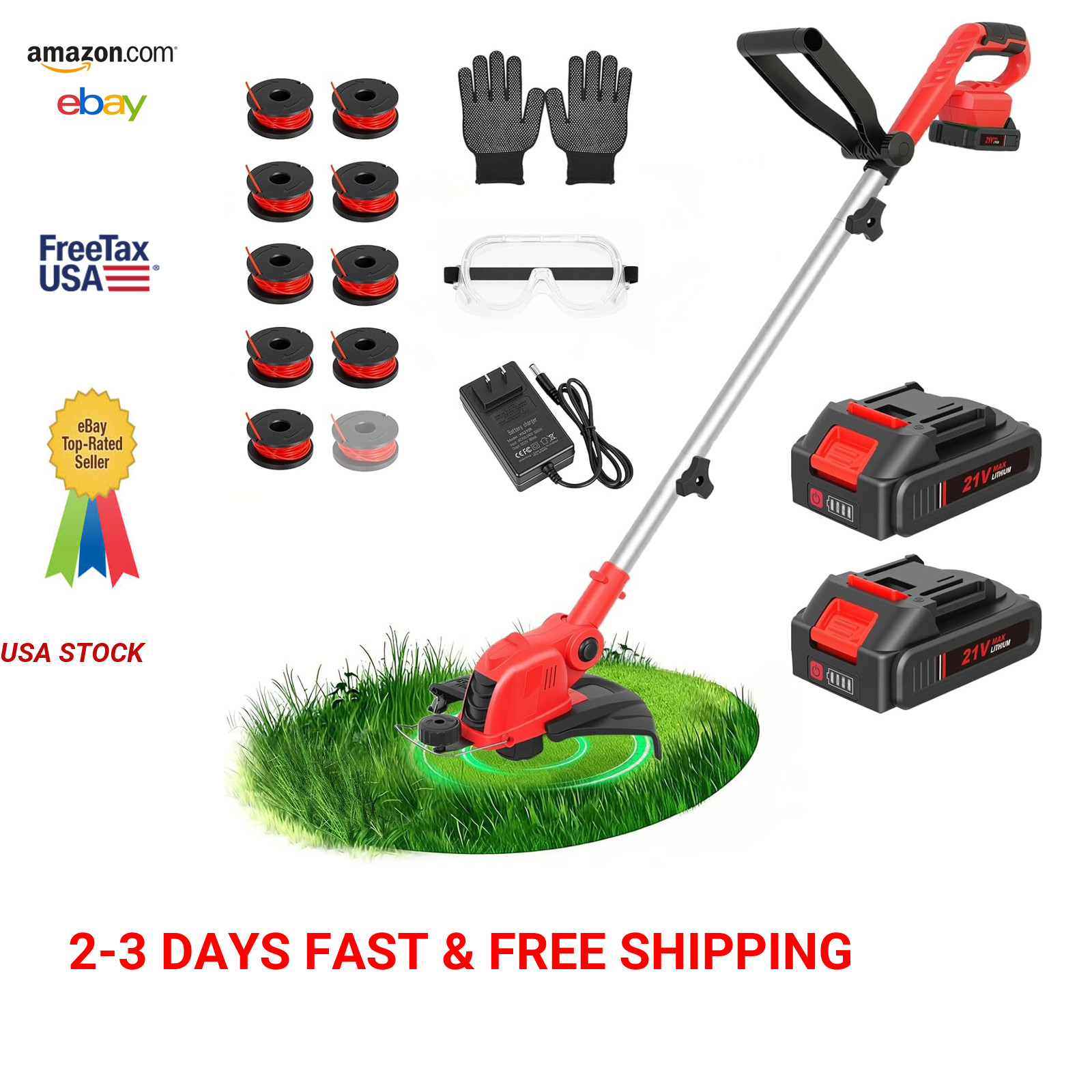 Cordless String Trimmer Edger 12 Inch Auto Feed Battery Lawn Tool 2x2.5Ah