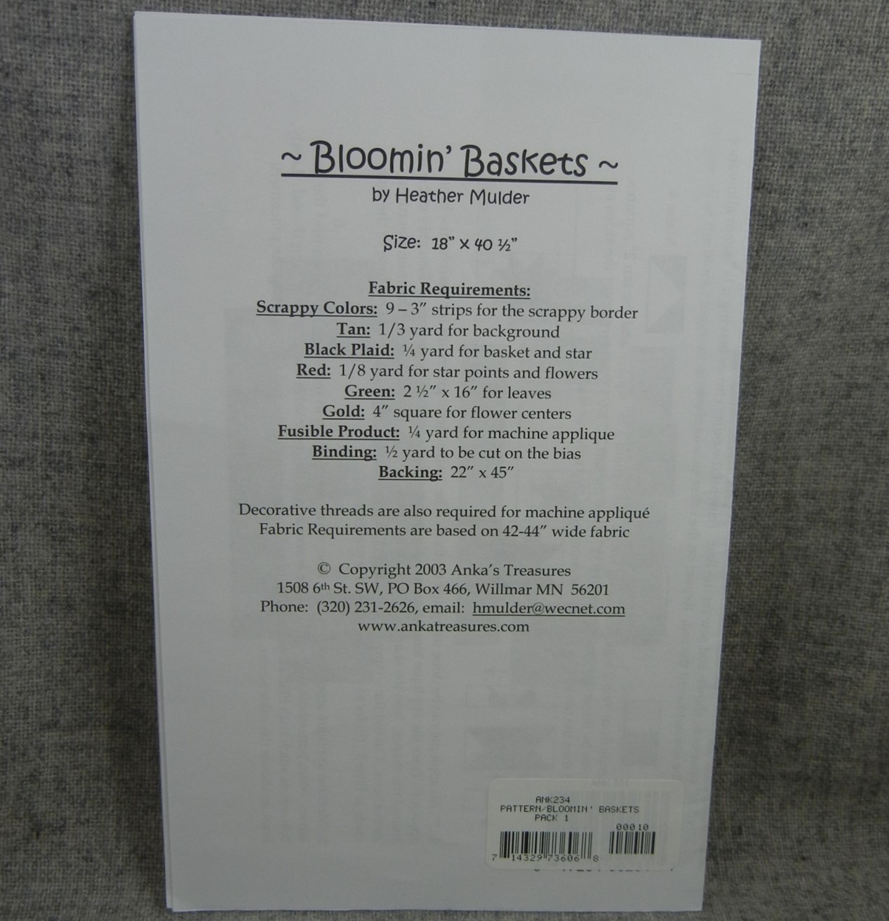 Bloomin Baskets Pieced Quilt Pattern Anka's Treasures Wall Hanging Uncut