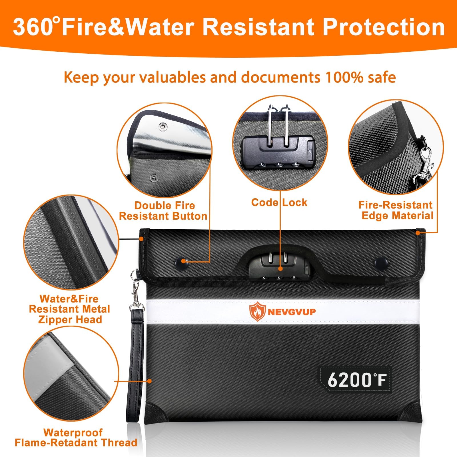 6200F Fireproof Money Bag with Lock A5 Documents Zipper Reflective Strip