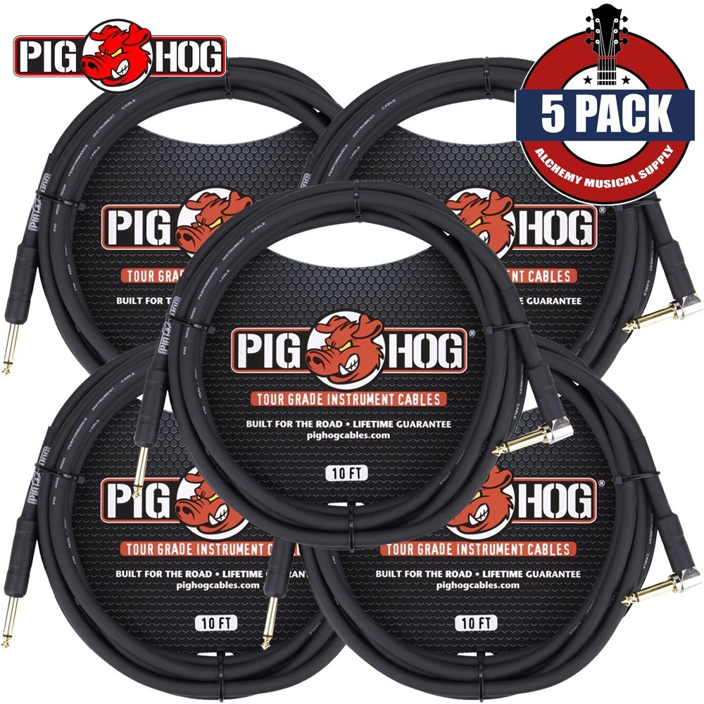 5-PACK Pig Hog PH10R 10FT Tour Grade 1/4" Straight -Right Angle Instrument Cable