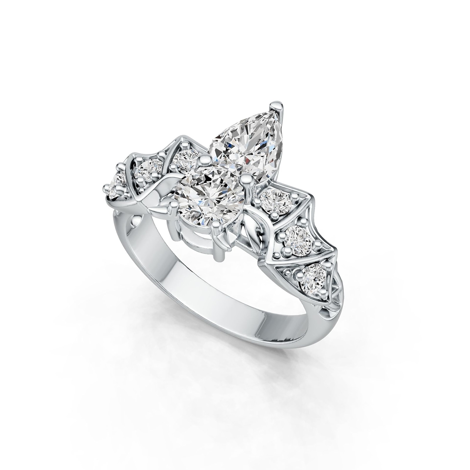 Sterling Silver Semi Mount Ring Setting Pear PE 9X6mm RD 6X6mm Bat Theme