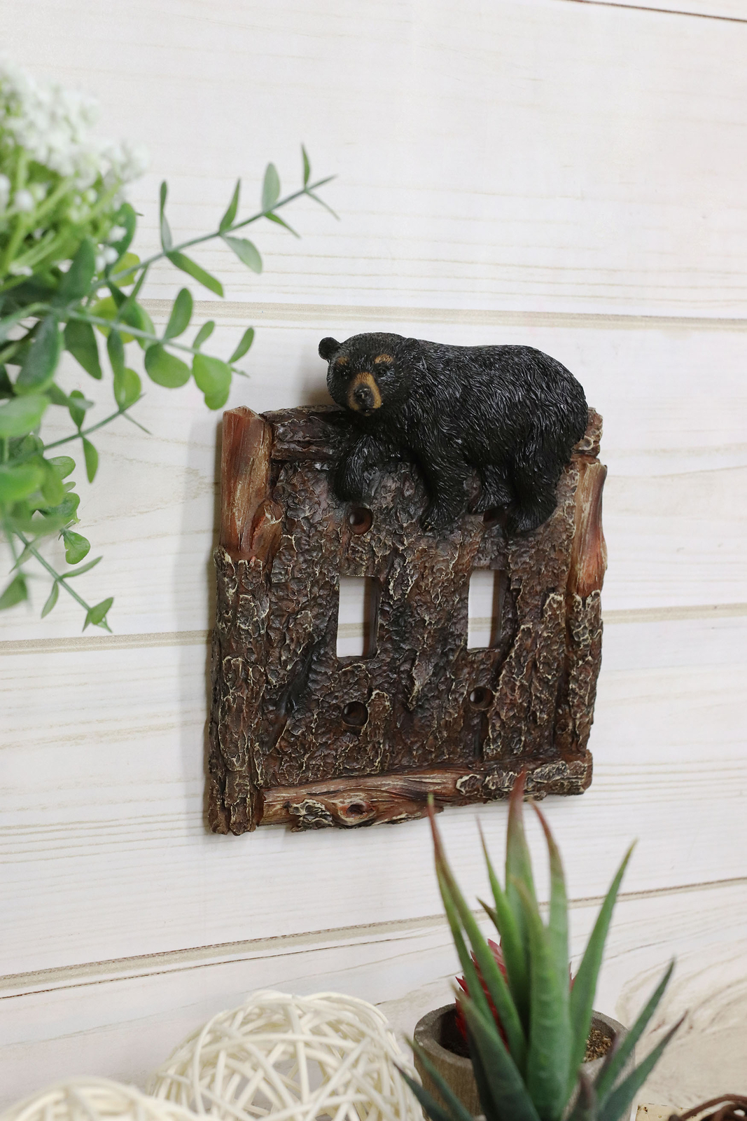 Set of 2 Rustic Faux Tree Bark With Black Bear Double Toggle Wall Switch Plates
