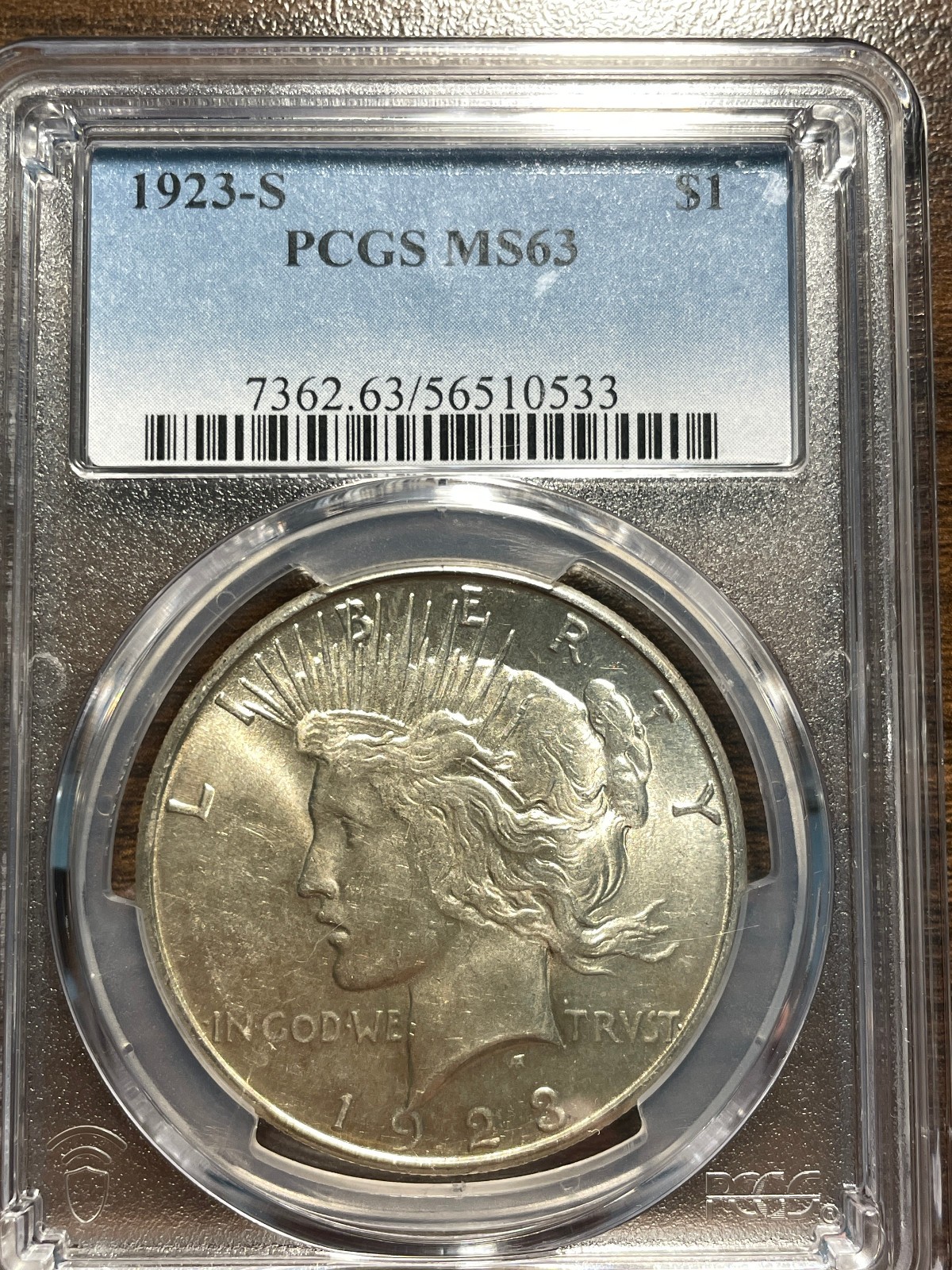 1923-S Peace Silver Dollar $1 PCGS MINT STATE 63 MS 63 Type 2, Low Relief