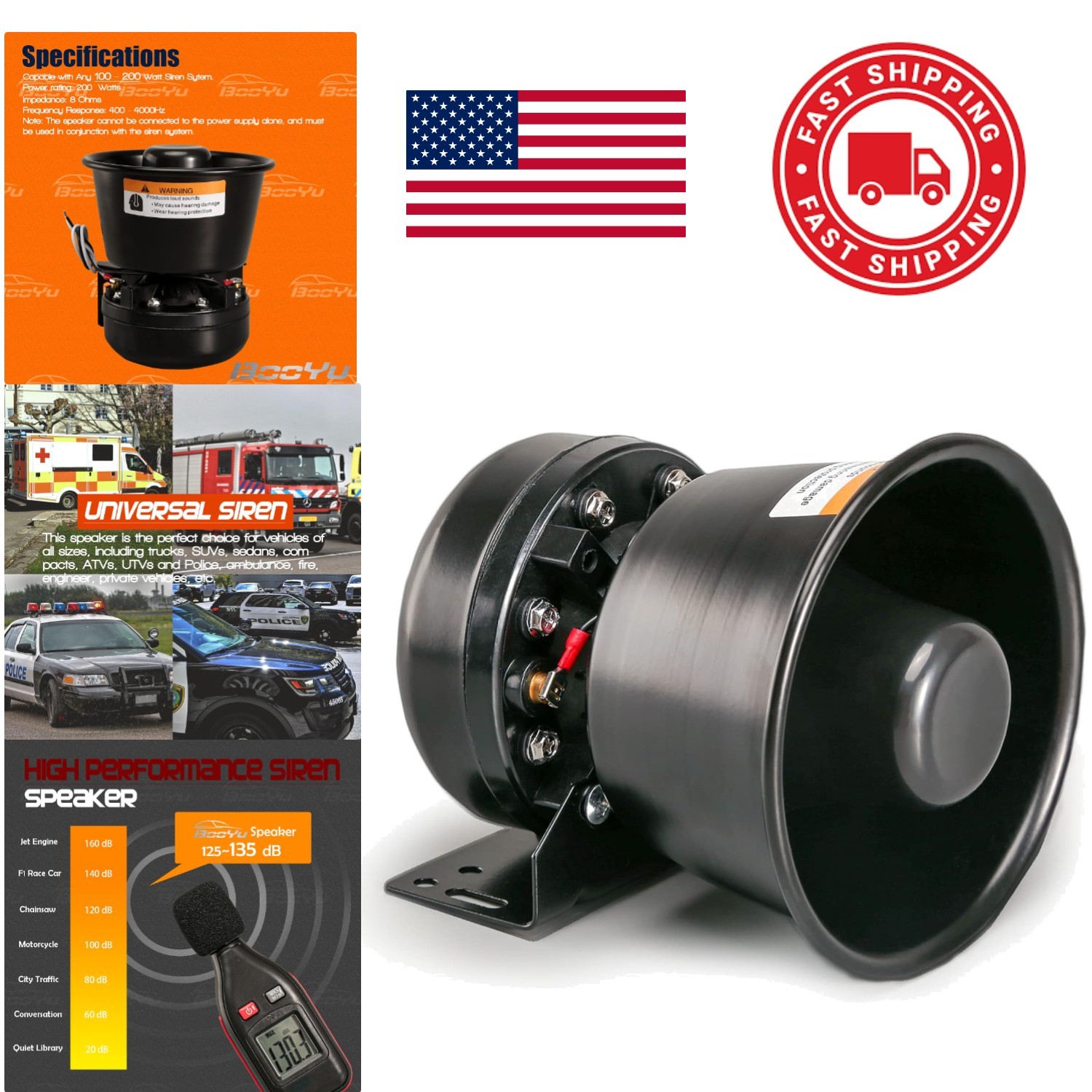 200 Watt Siren Horn Speaker Black Steel Waterproof 132 dB for Emergency Vehicles