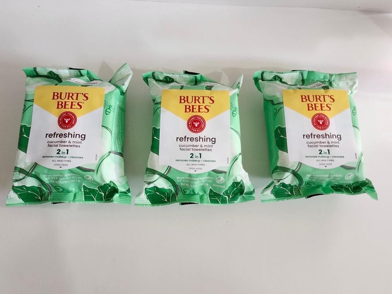 3 PACK Burt's Bees Facial Cleansing Towelettes Cucumber & Mint 30 Towelettes Ea.