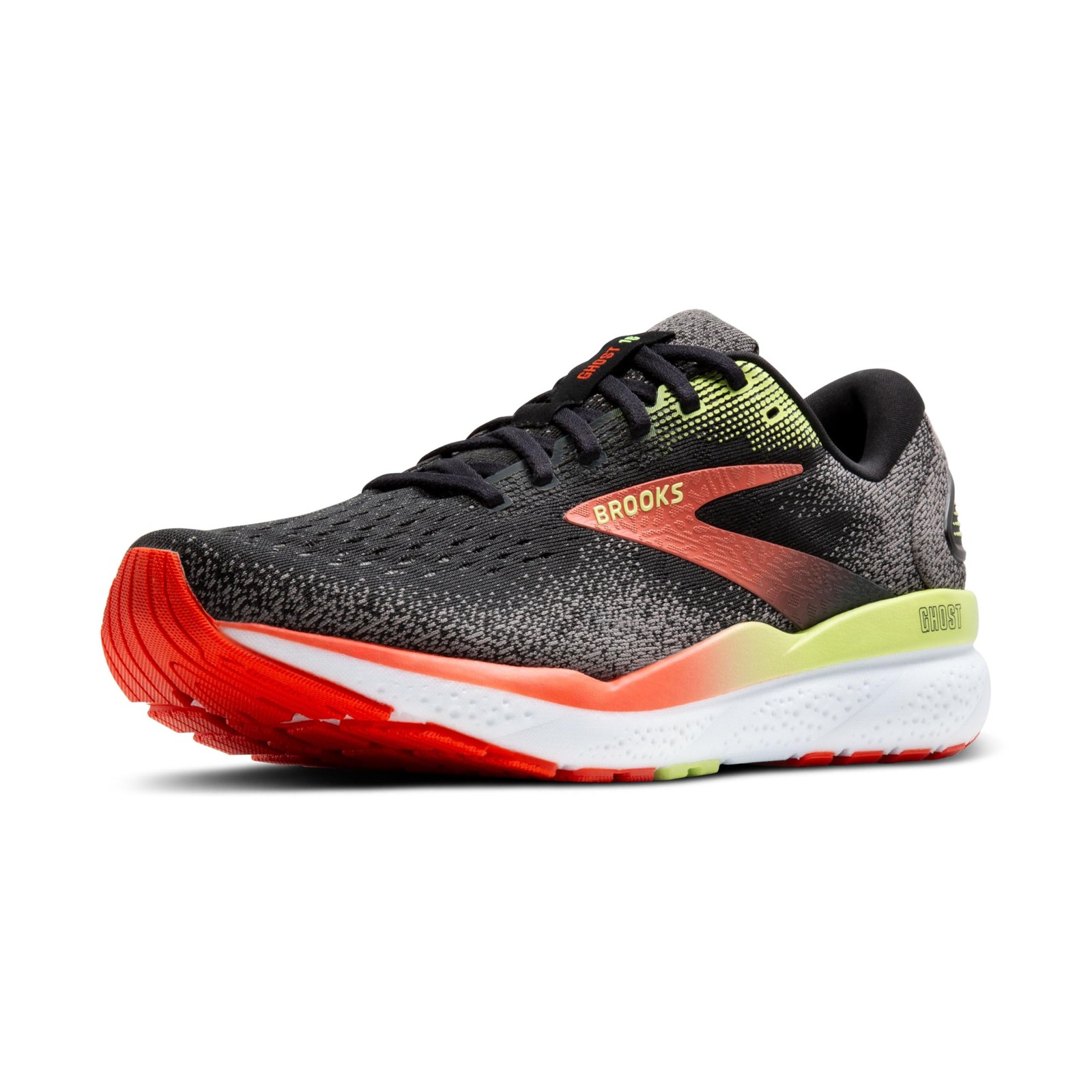 Brooks Men’s Ghost 16 Neutral Running Shoe - Black/Mandarin Red/Green - 12.5