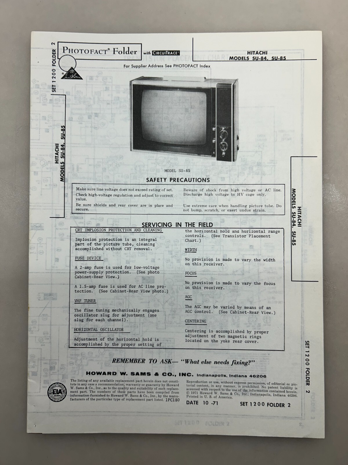 Hitachi SU-84 85 Service Manual Sams Photofact Free Shipping