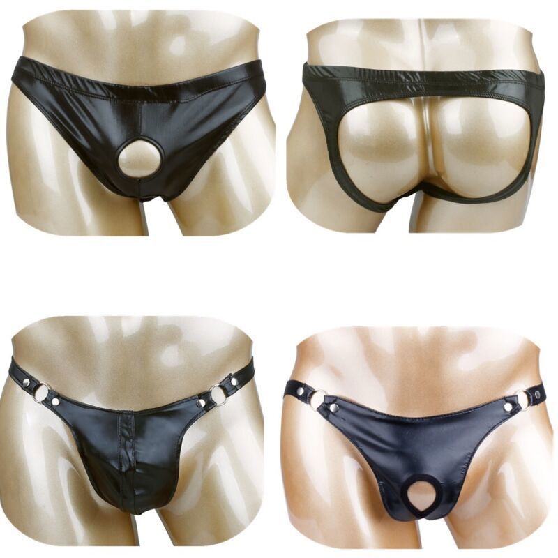US Sexy Mens PU Leather Thong Jockstrap Open Hole Butt Briefs Underpants Bikinis