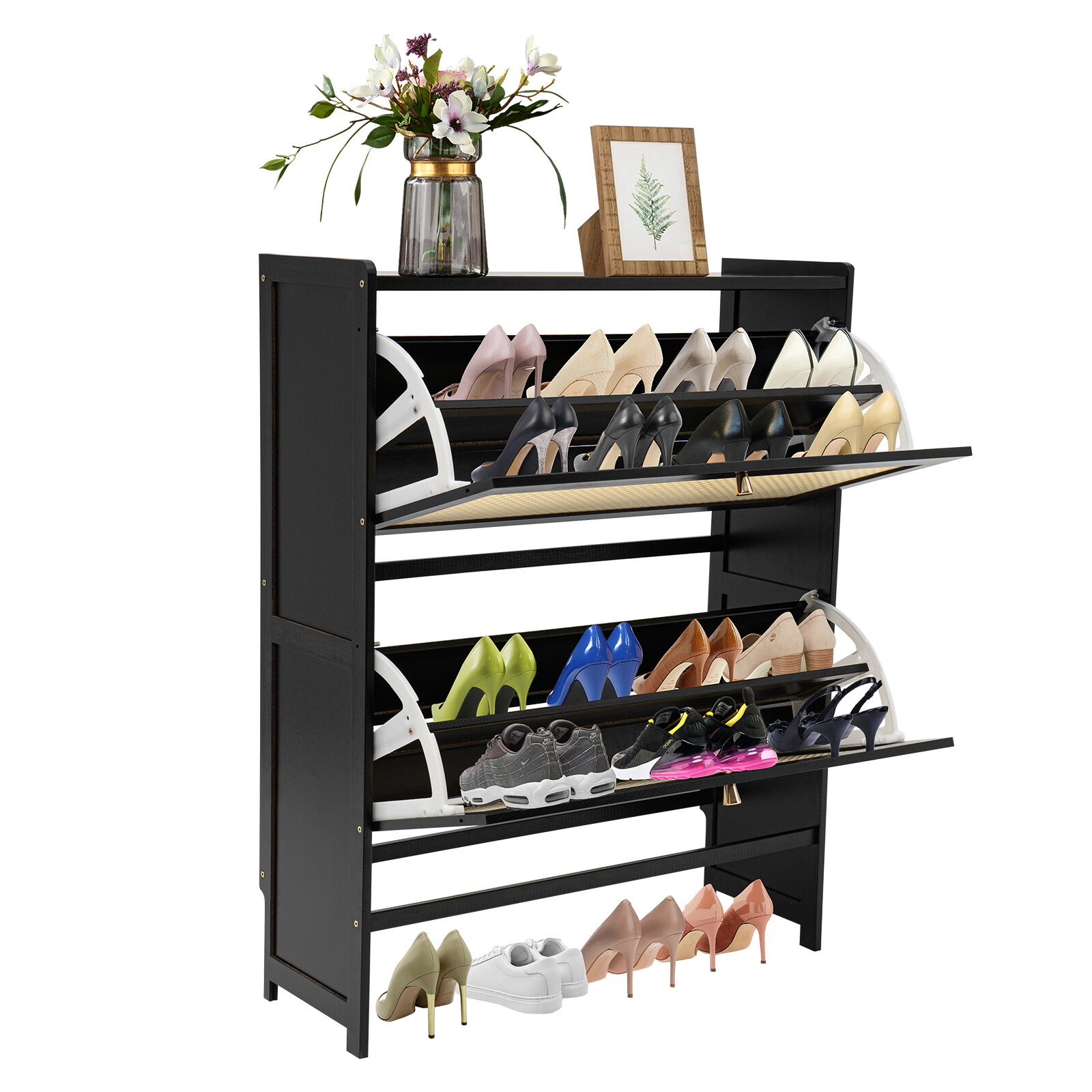Free Standing Shoe Racks Natural Rattan Shoe Cabinet W/ 2-tier Flip Drawers