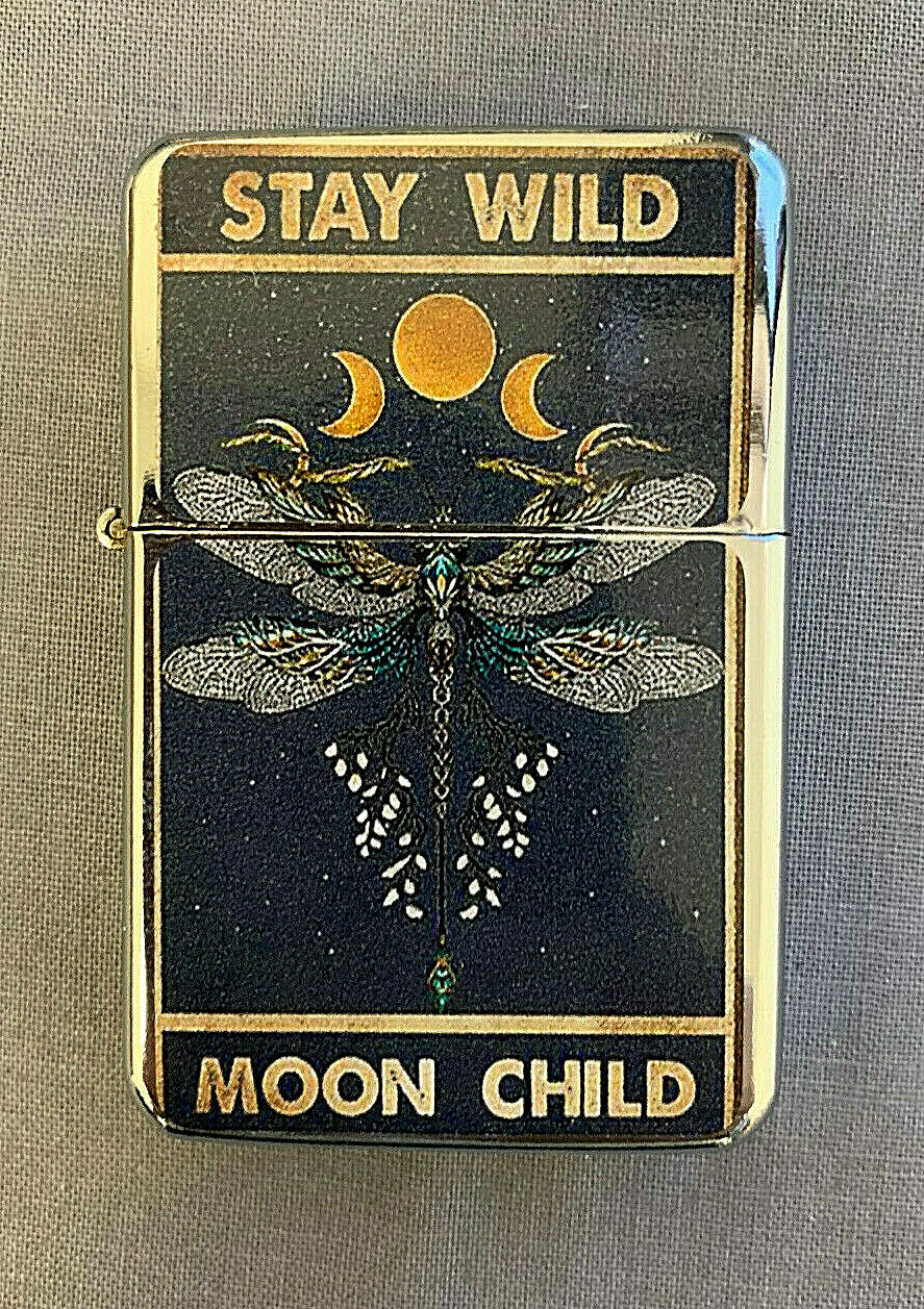 Stay Wild Moon Child Dragonfly Flip Top Oil Lighter Windproof