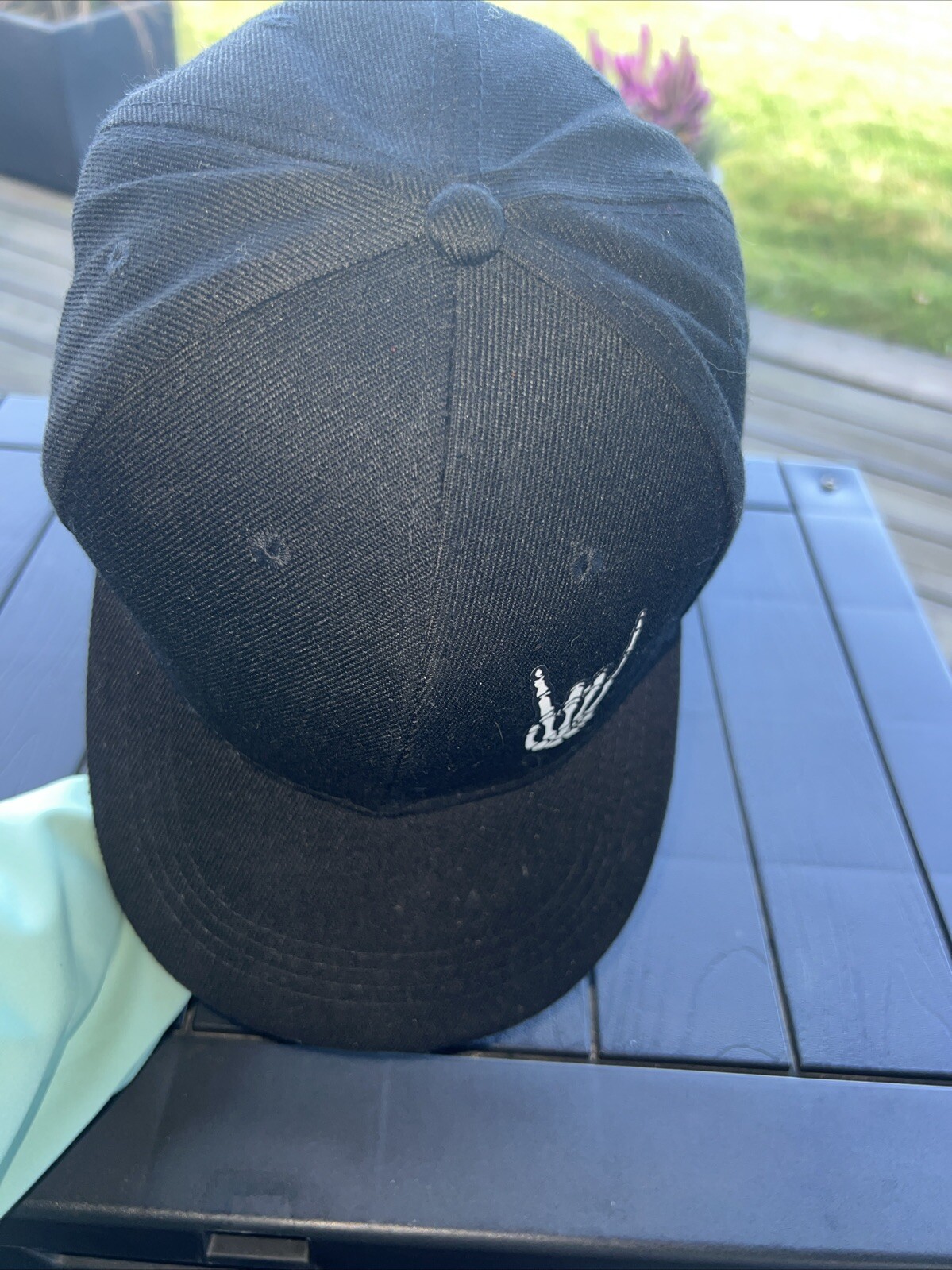 ‘Rock On” Skeleton Hand White on Black Hat Cap Unbranded Hook Loop