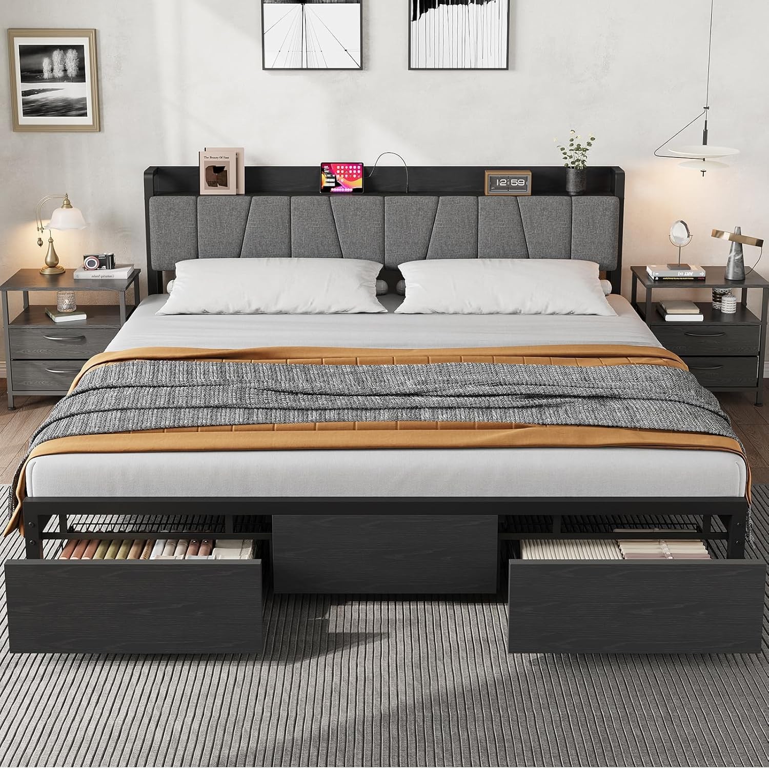 King Industrial Bed Frame with Charging Station, Storage Drawers, Metal Slats