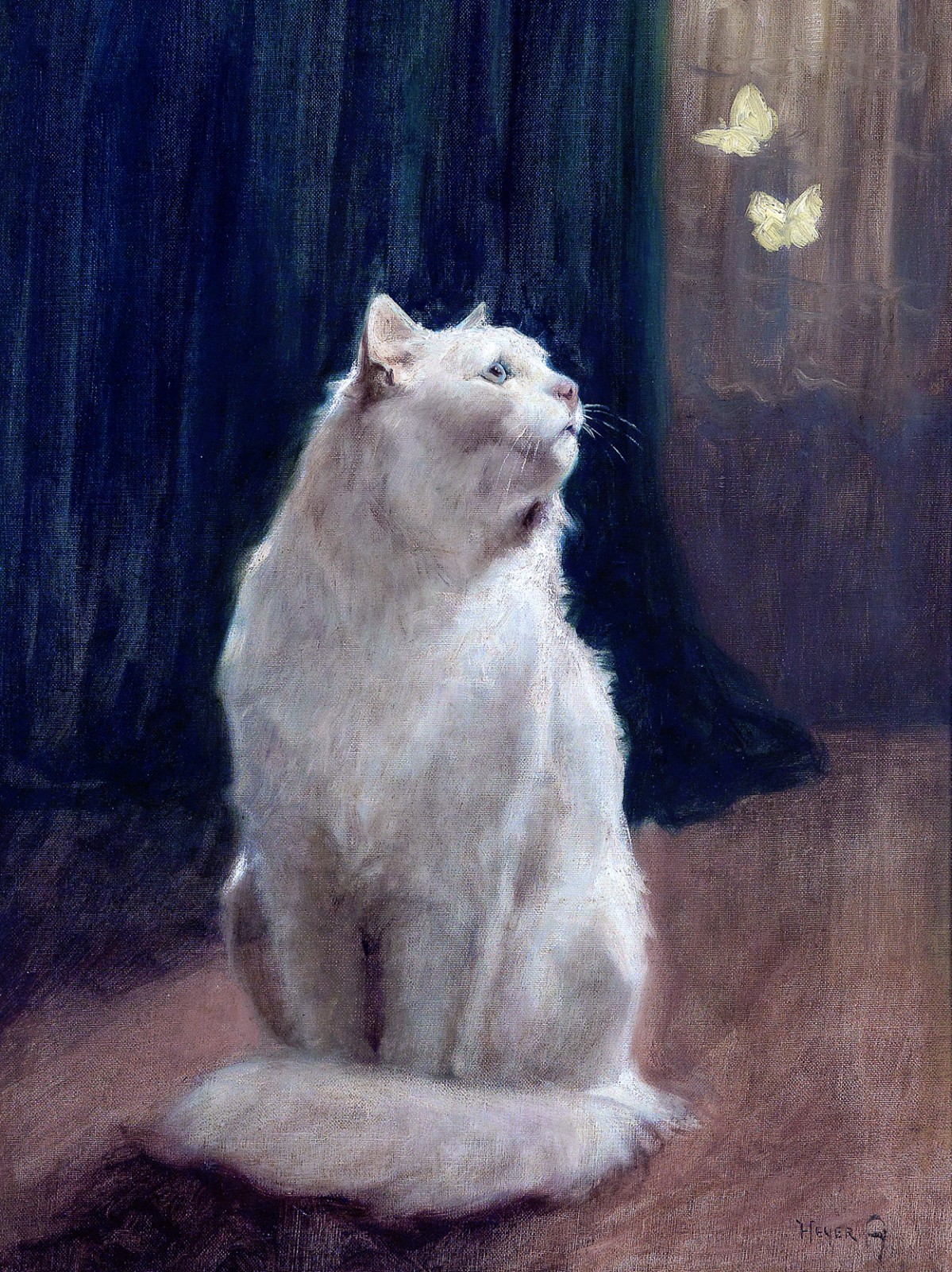 White cat and butterflies A. Heyer kitten Ceramic Mural Decor Tile #2771