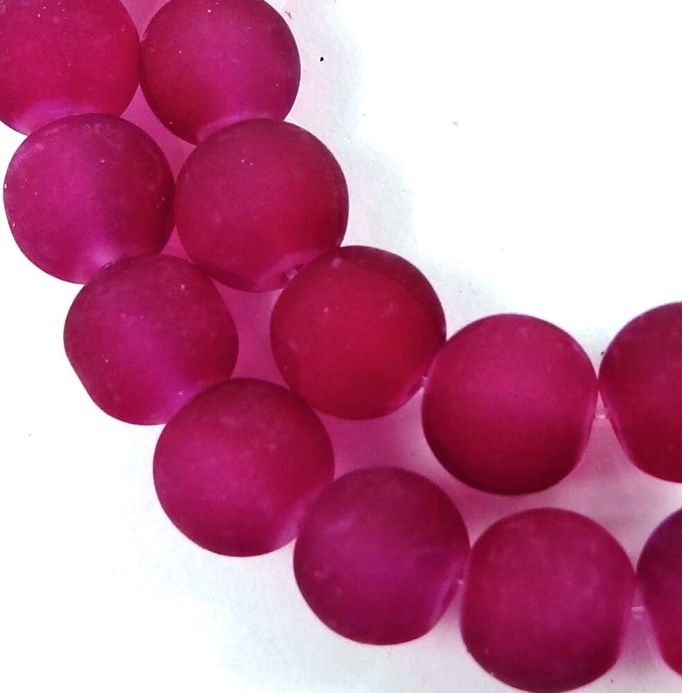 25 Frosted Sea Glass Round Beads 8mm Matte - Dark Cerise / Fuchsia