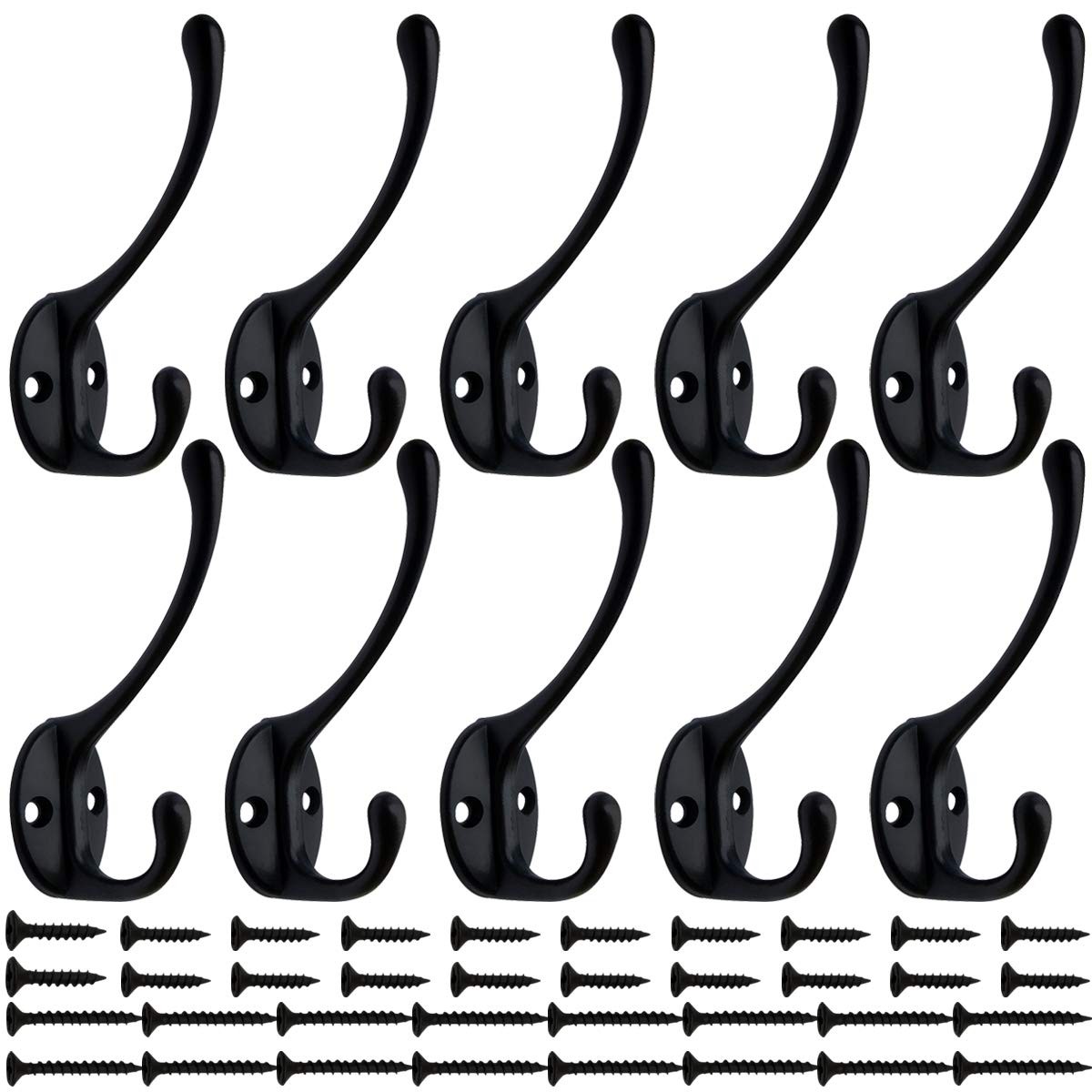 10 Pack Black Double Coat Hooks No Rust Hooks for Coat, Scarf, Bag