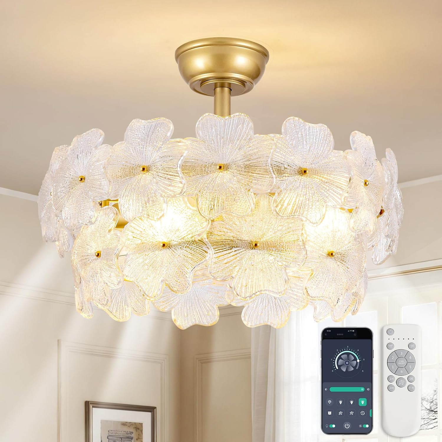 Gold Crystal Fandelier Ceiling Fan, Modern Gold Flower Chandelier with Quiet DC
